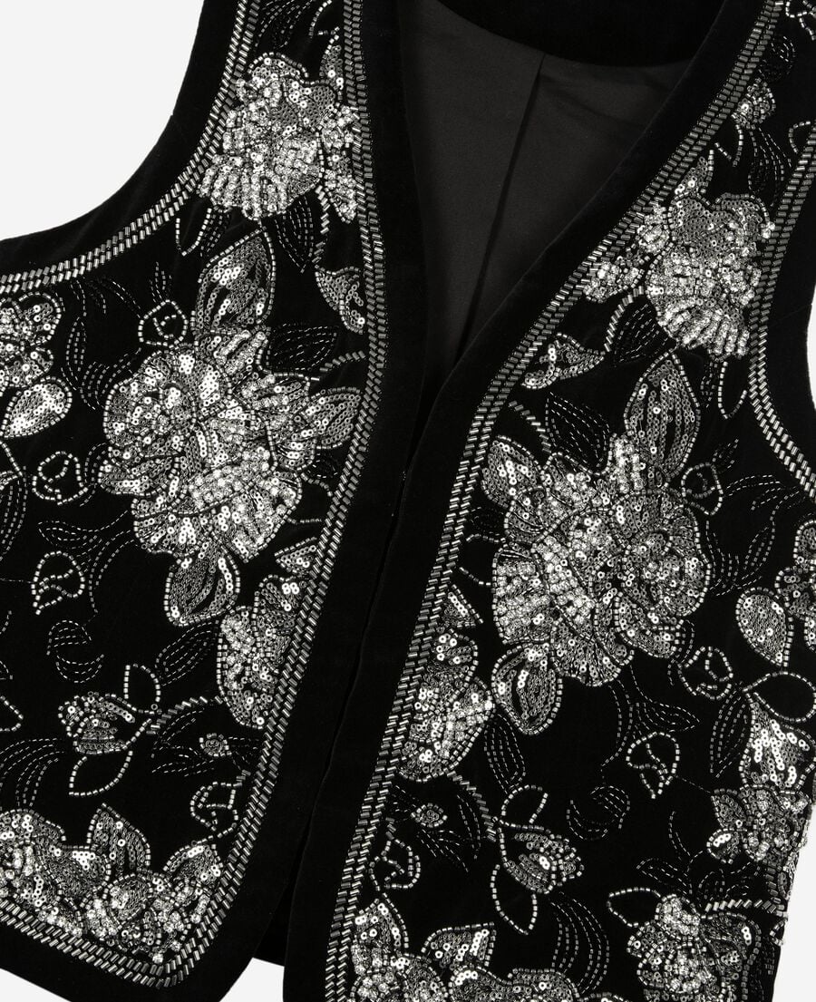 The Kooples F BLACK-ANTIC SILVER black embroidered velvet vest