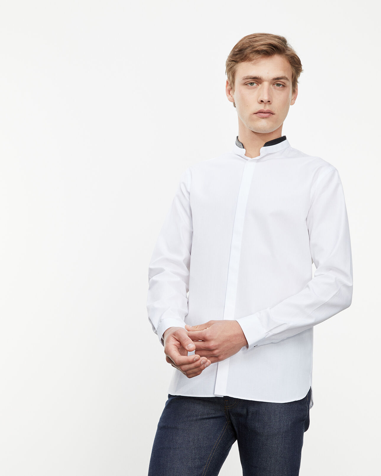The Kooples MEN WHITE shirt with leather officer collar, removable