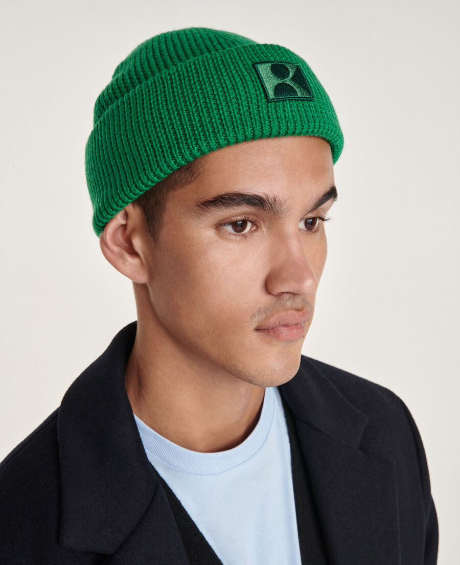ribbed wool beanie in green with monogram
