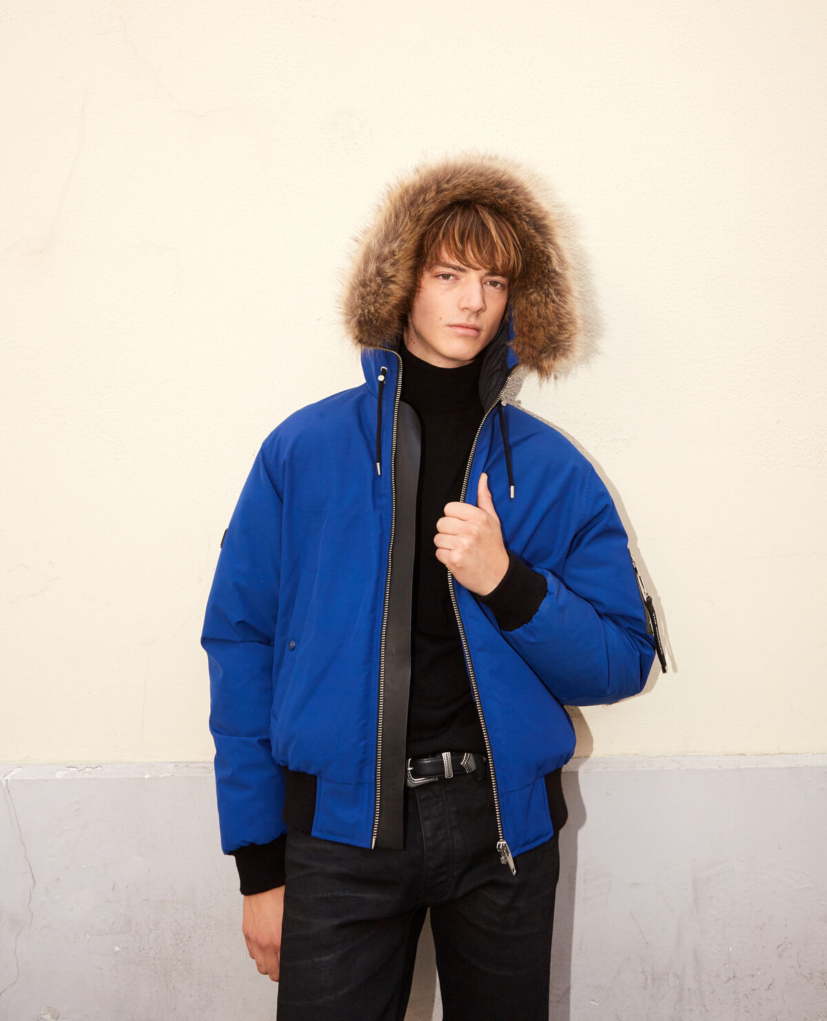Cropped blue nylon down jacket with hood The Kooples