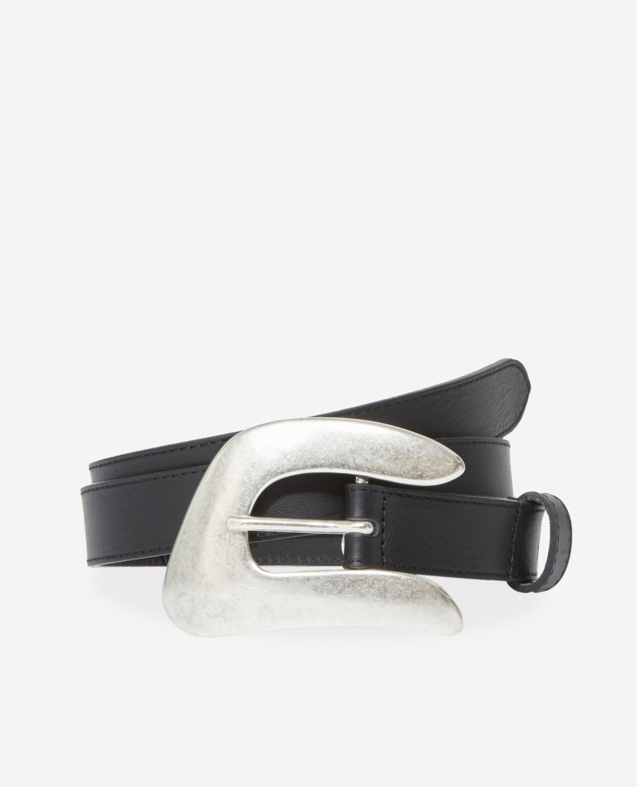 Black skinny leather belt with oval buckle, BLACK, hi-res image number null