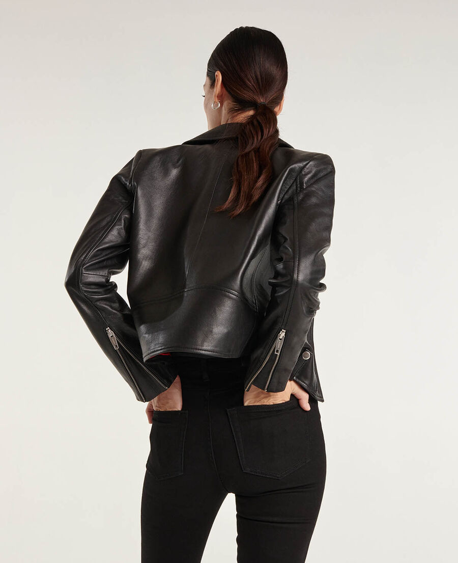 veste motard cuir noir à détails zippés