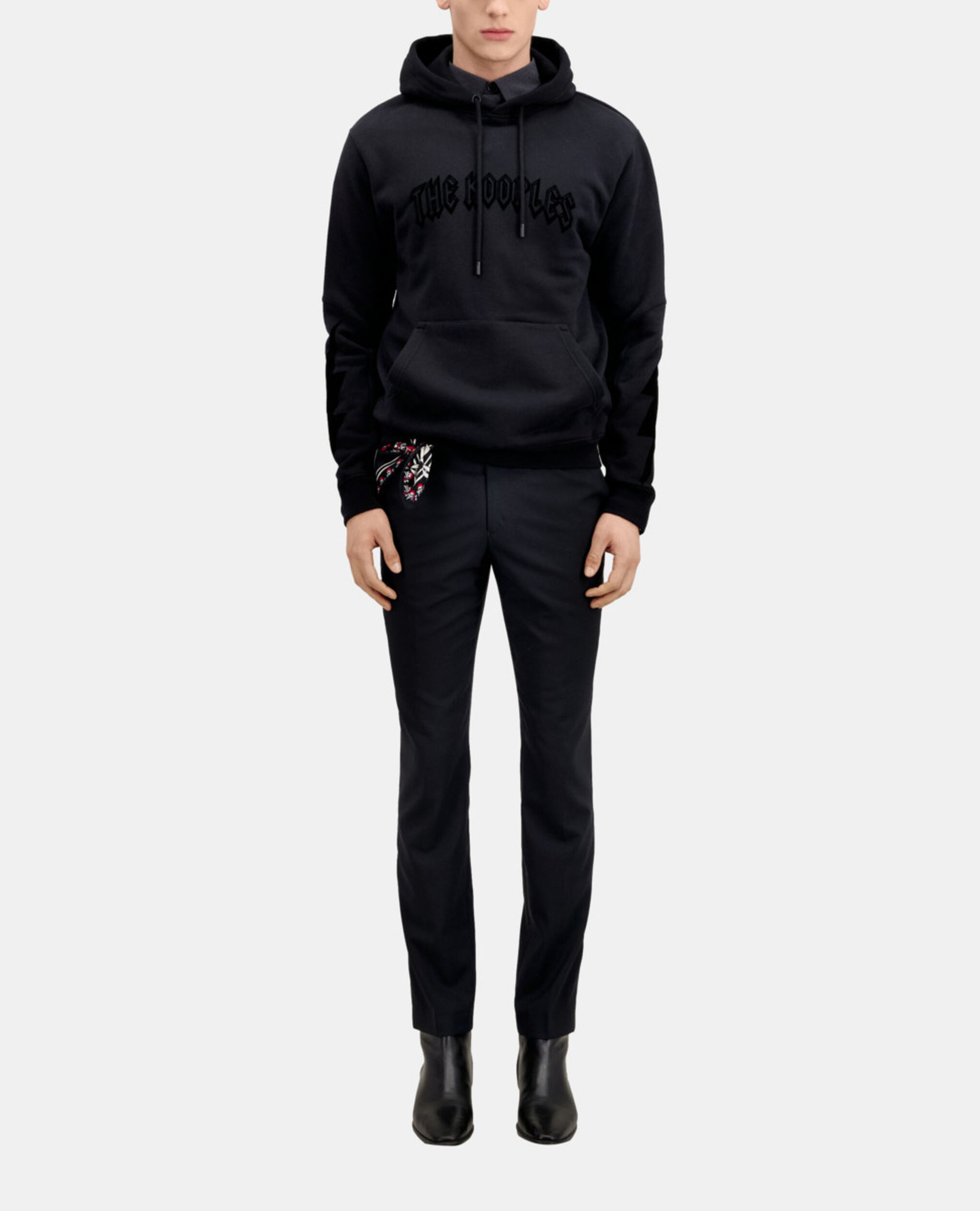Sudadera capucha negra flocado para hombre, BLACK, hi-res image number null