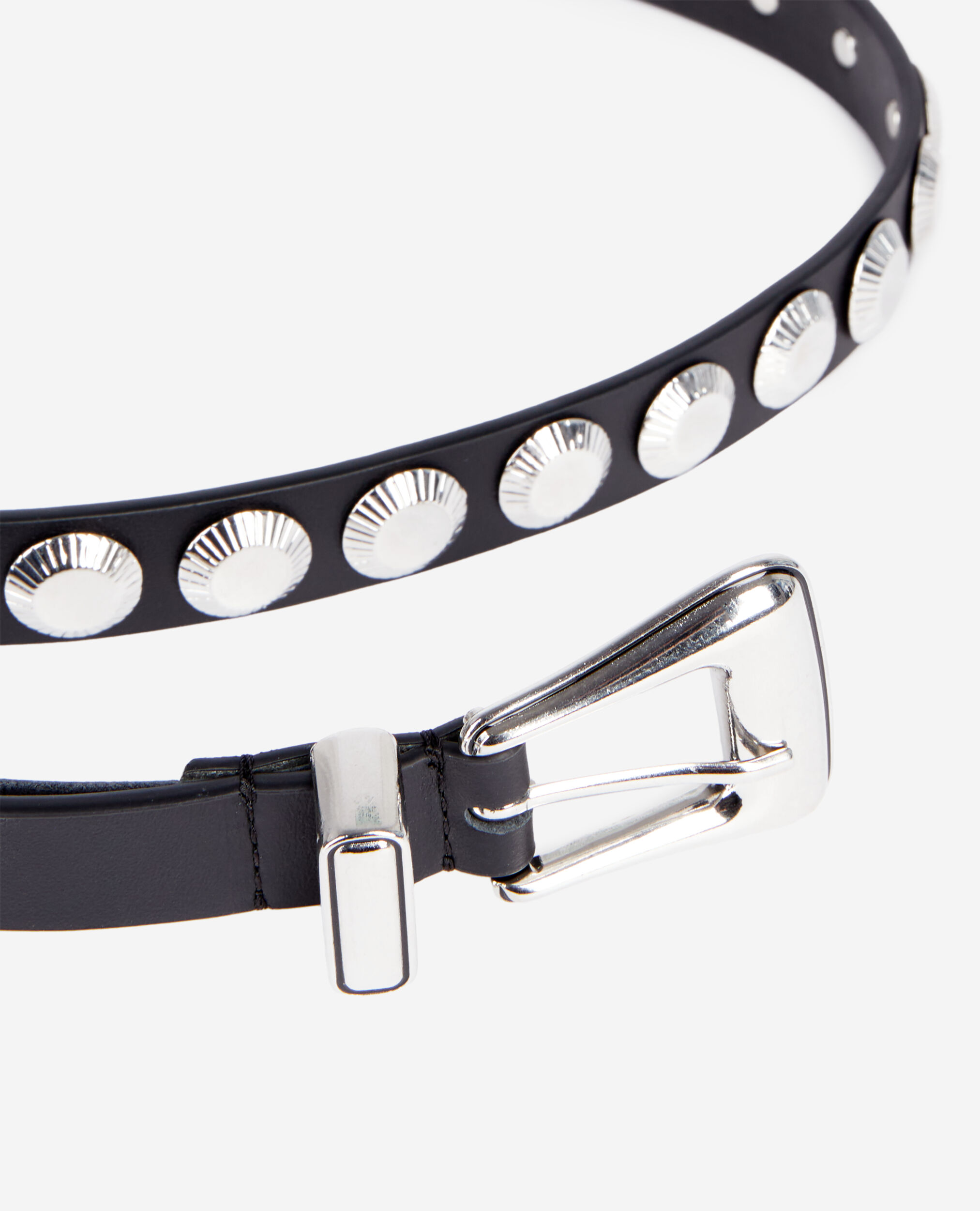 Thin black leather belt with studs, BLACK, hi-res image number null