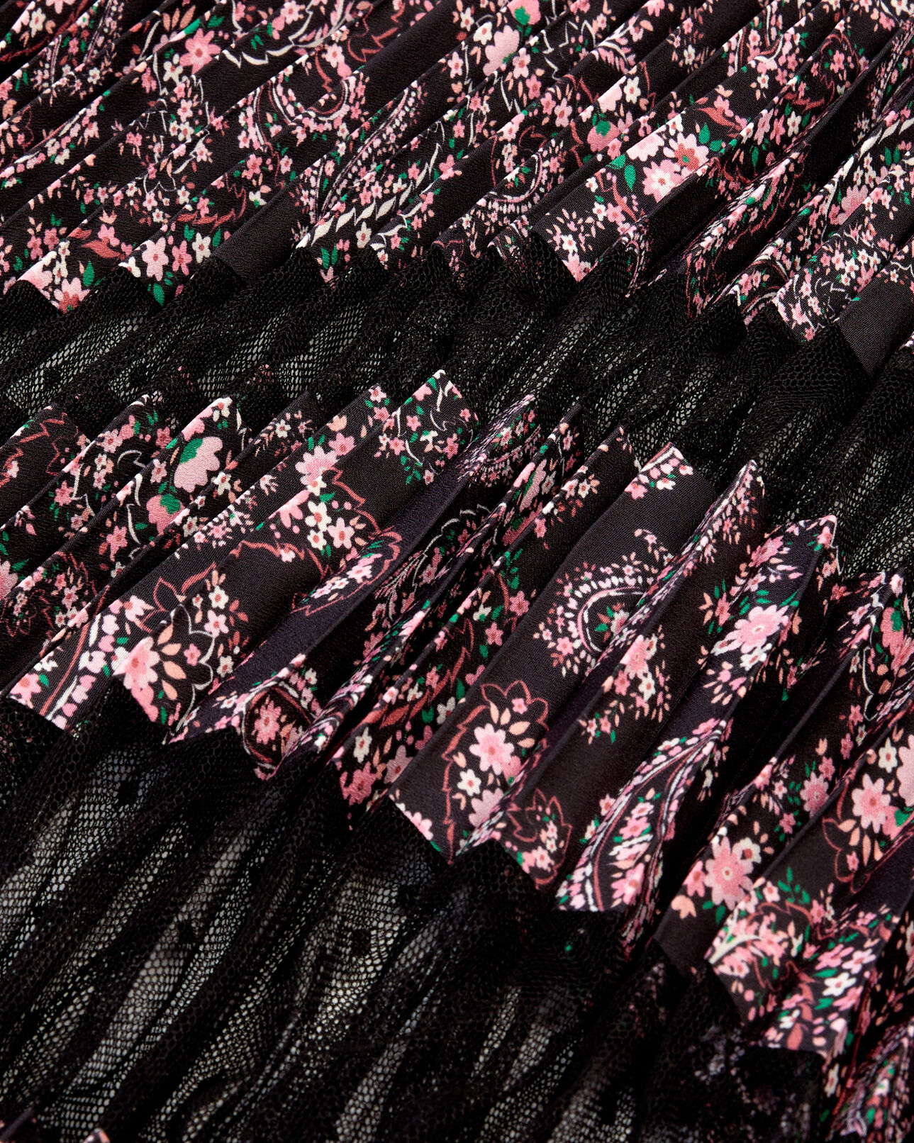 The Kooples WOMEN BLACK / PINK black and pink paisley print pleated long skirt with mesh inserts