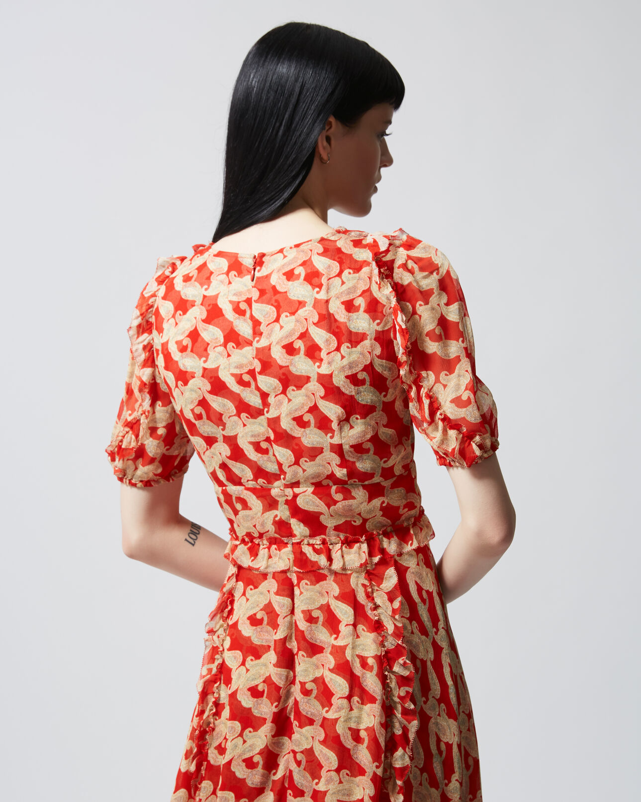 The Kooples FEMME RED / ECRU robe longue imprimée rouge à volants