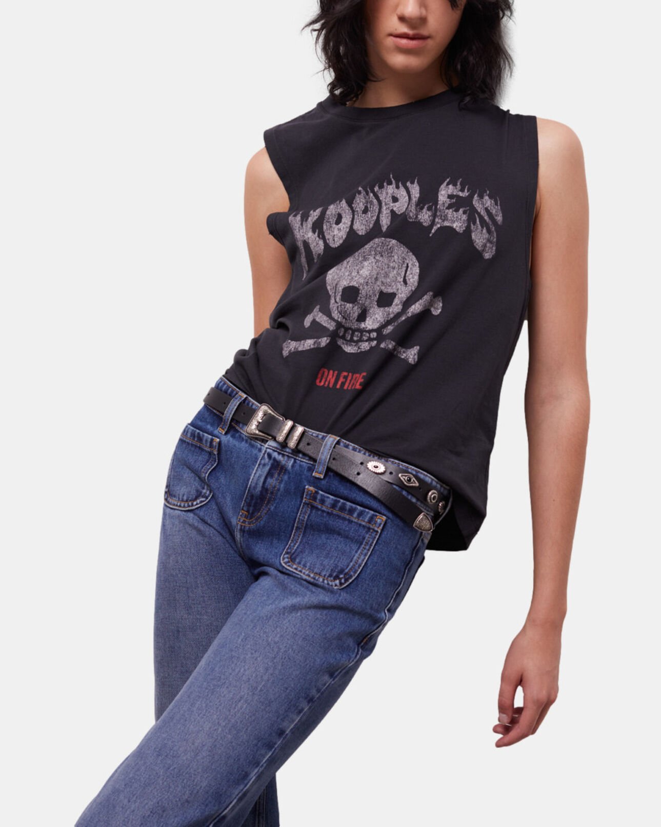 The Kooples WOMEN BLACK WASHED women's black screen print t-shirt