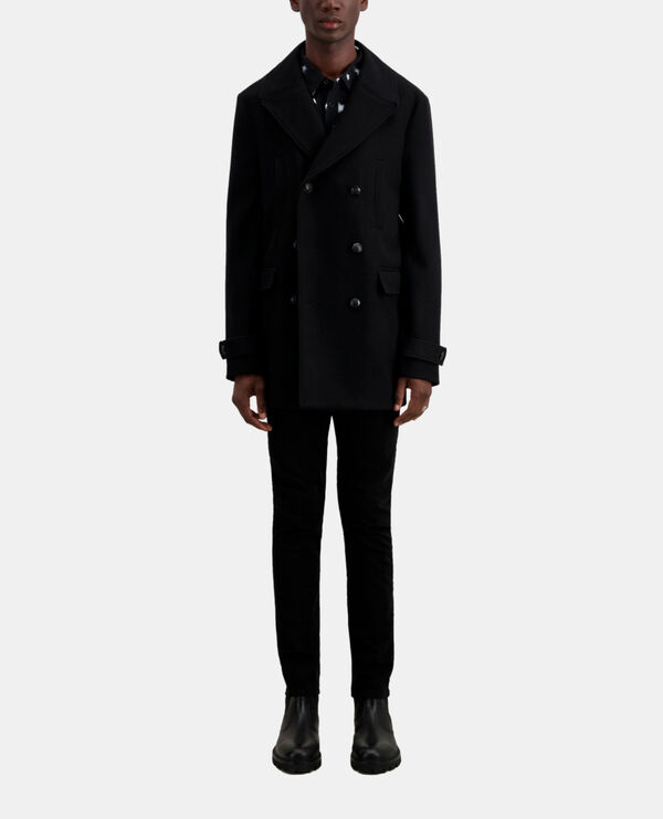 wool-blend mid-length black pea coat