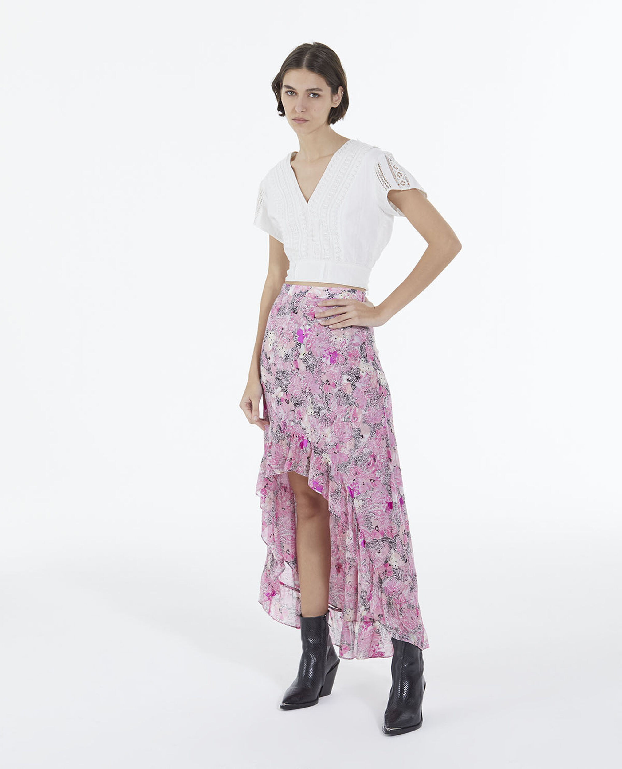 Flowing pink long skirt with floral print, PINK, hi-res image number null