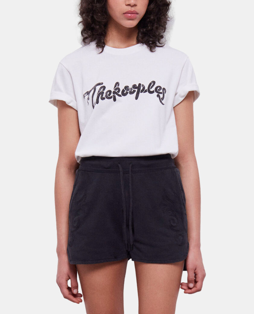 The Kooples WOMEN BLACK WASHED black fleece shorts with western-style embroidery