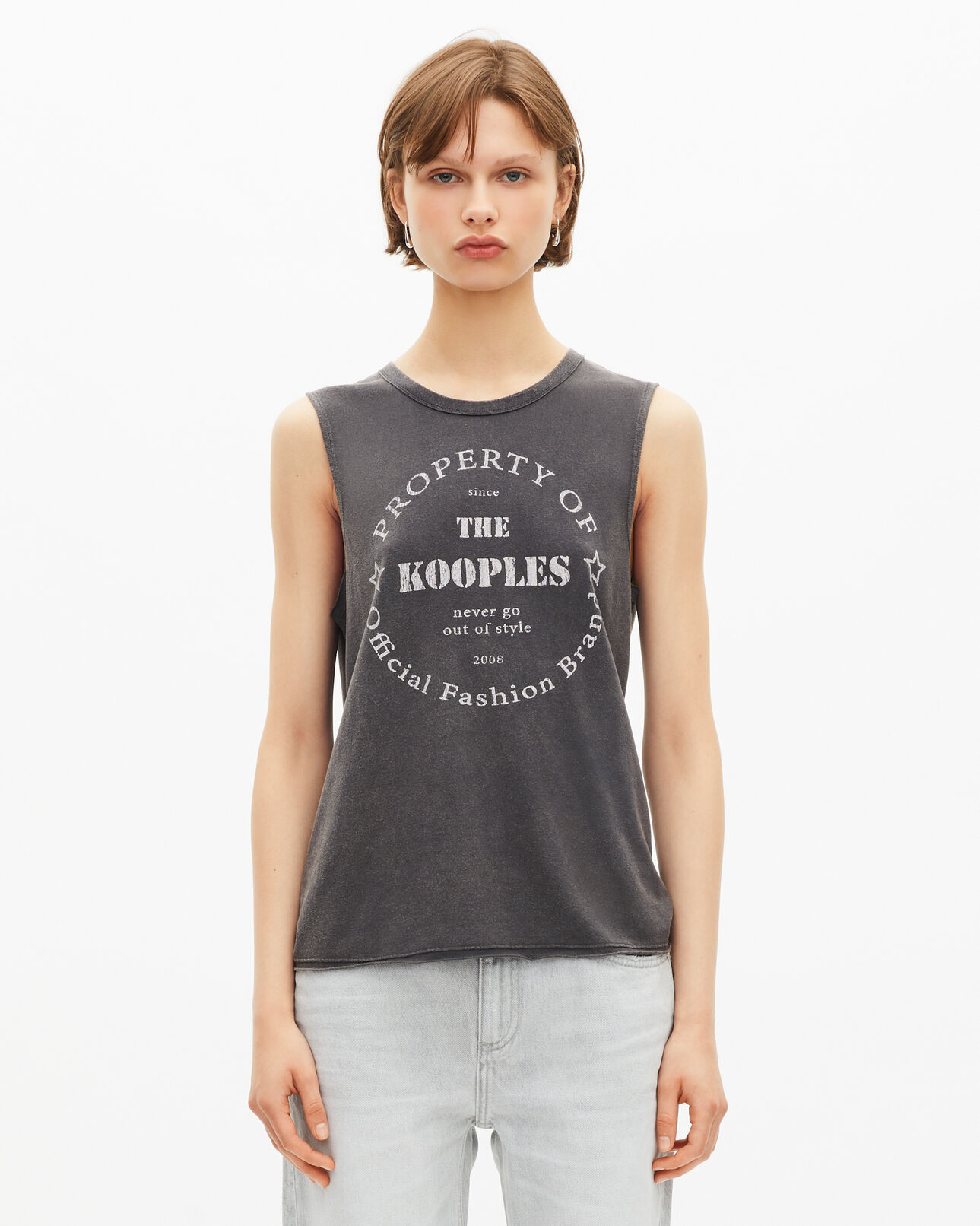 The Kooples DAMEN BLACK WASHED tanktop mit verwaschenem schwarzem siebdruck