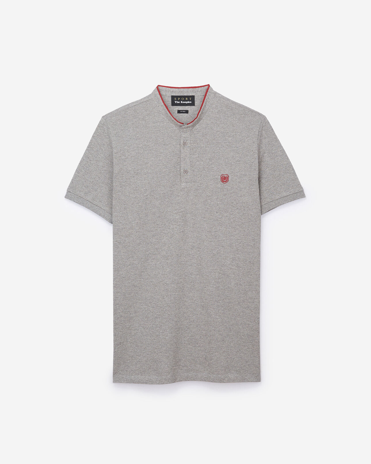 The Kooples MEN LIGHT GREY MOUL/WINE RED light grey cotton polo shirt with band collar and red detailing