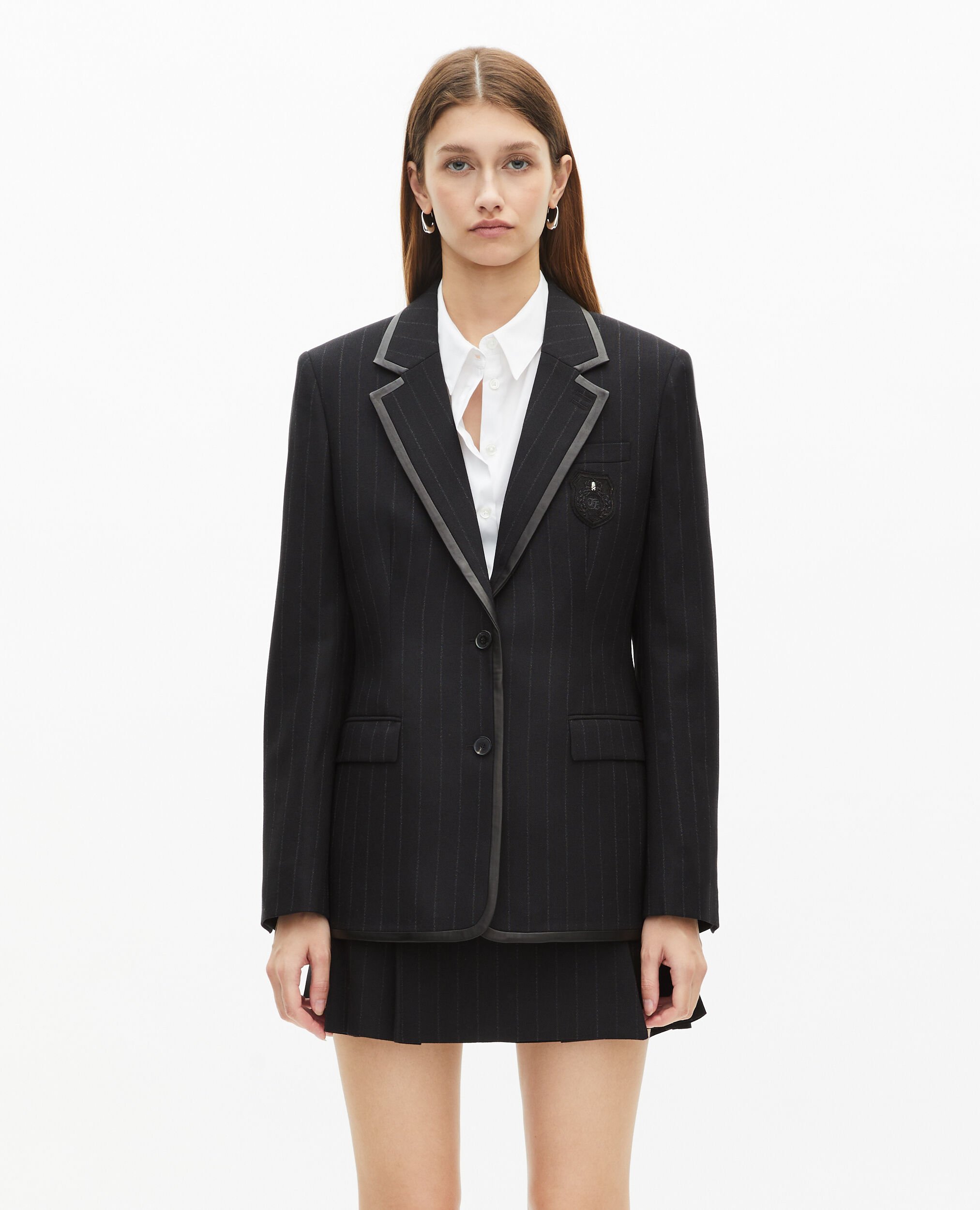 Schwarze Jacke mit Tennisstreifen aus Wolle, BLACK, hi-res image number null