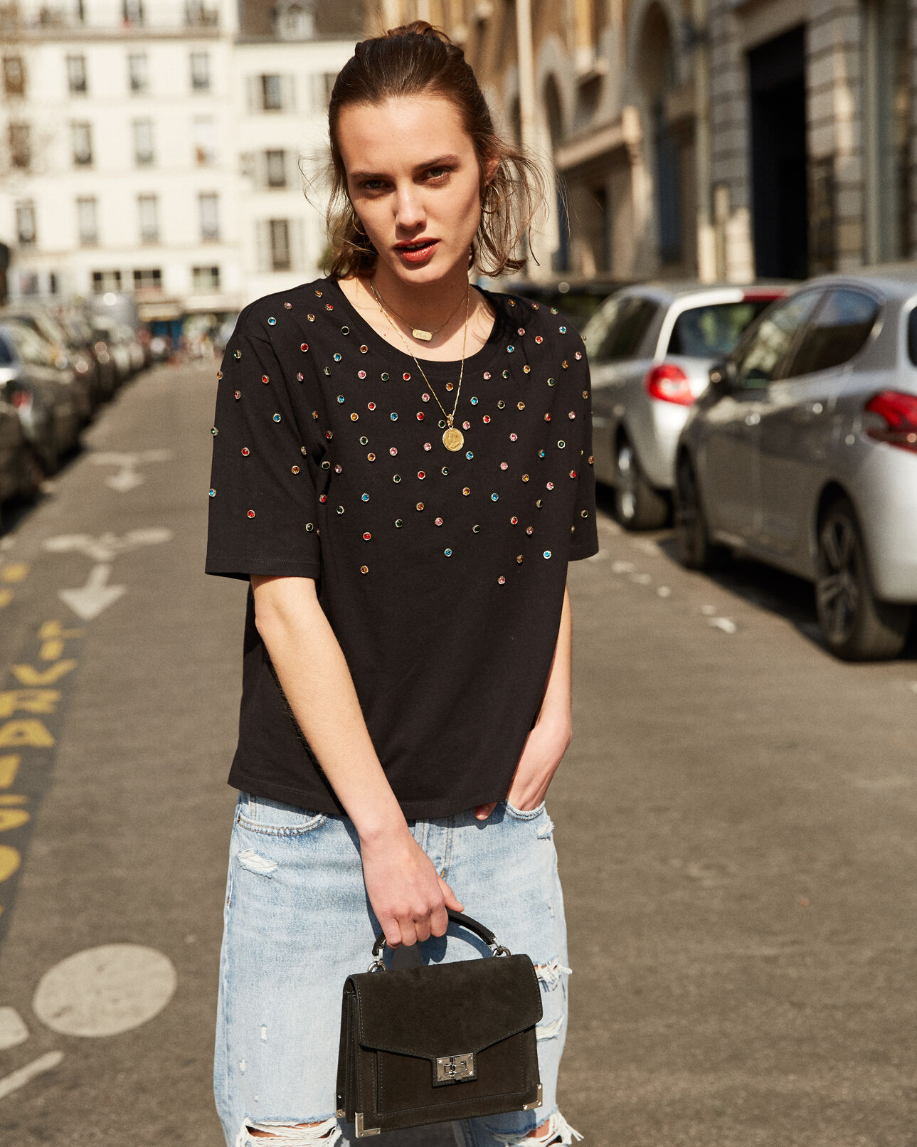 The Kooples MUJER BLACK camiseta rockera negra con strass bordados