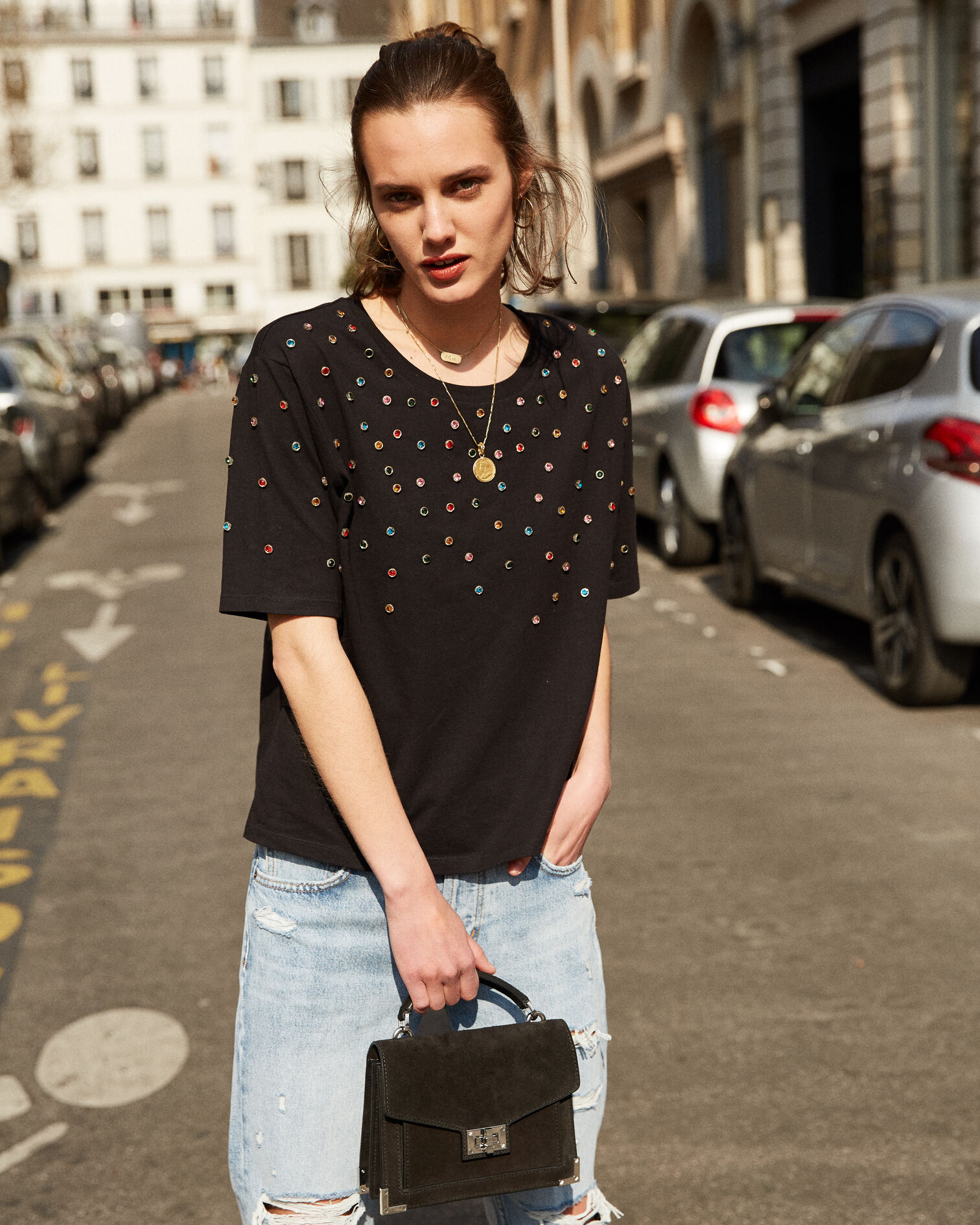 Camiseta rockera negra con strass bordados, BLACK, hi-res image number null