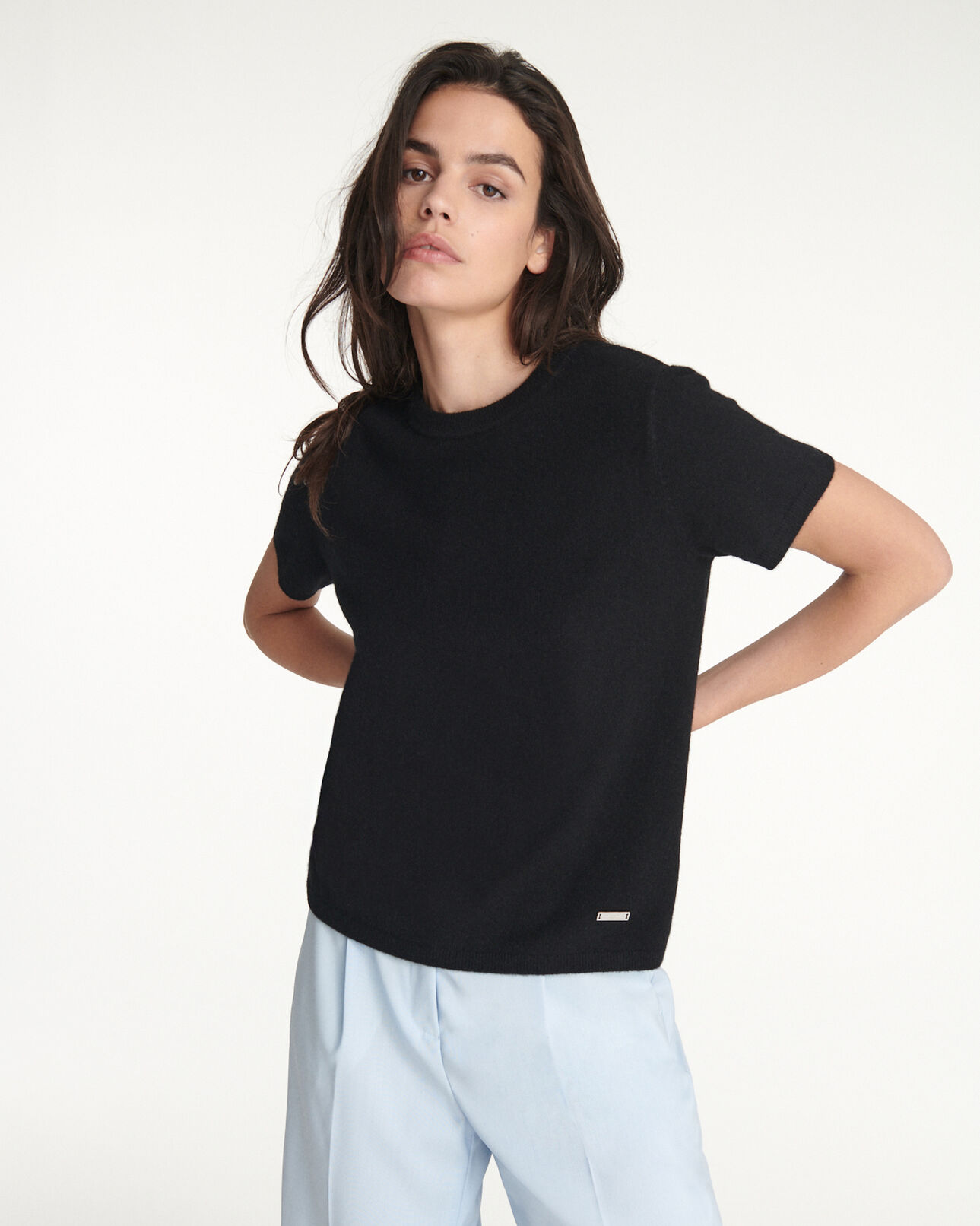 The Kooples FEMME BLACK pull cachemire noir à manches courtes