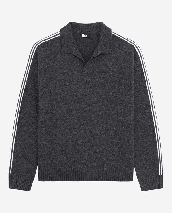 Pull col polo en laine avec rayures contrastées gris homme The