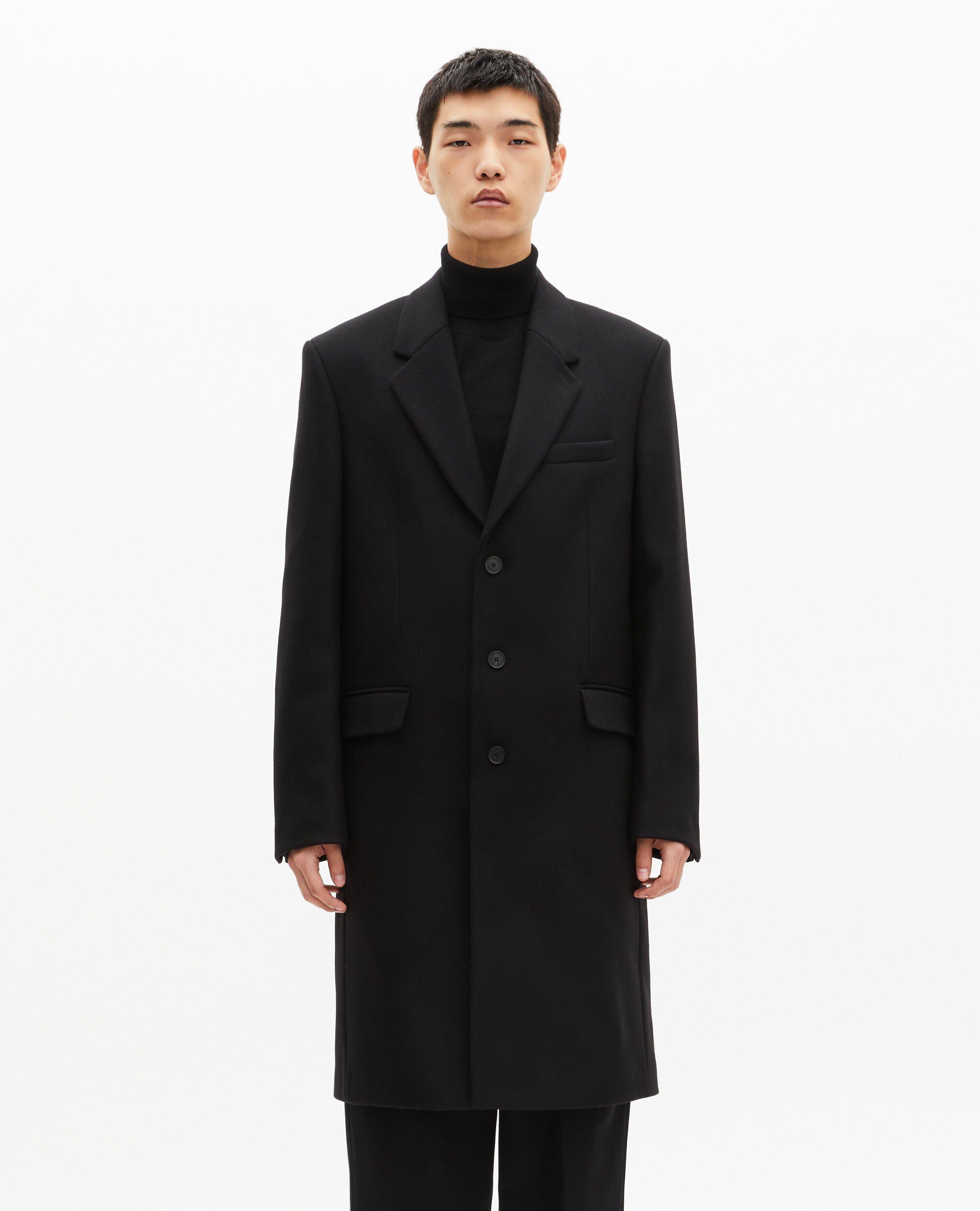 Black leather lapel collar coat, BLACK, hi-res image number null