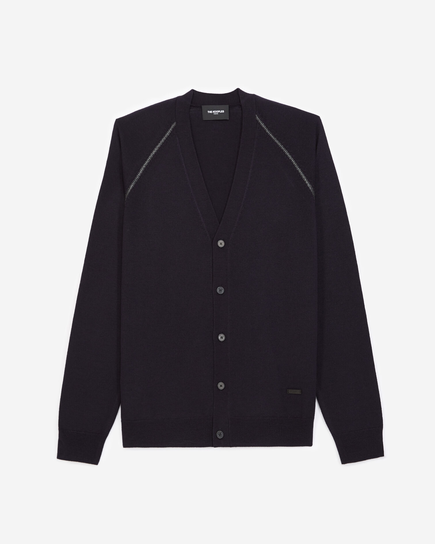 Blue cardigan in merino wool w/leather detail, DARK NAVY, hi-res image number null