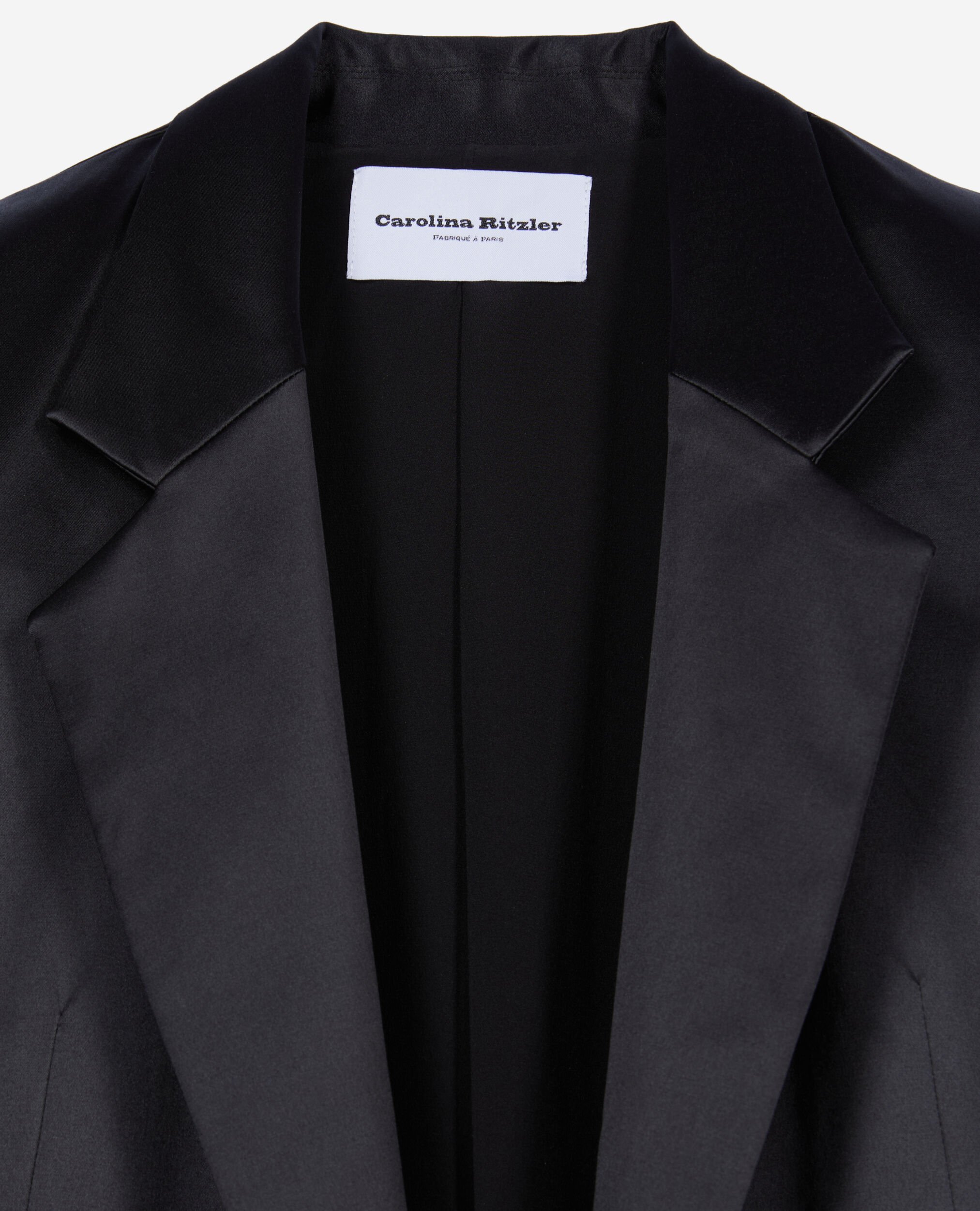 The Kooples x Carolina Ritzler black satin coat, BLACK, hi-res image number null