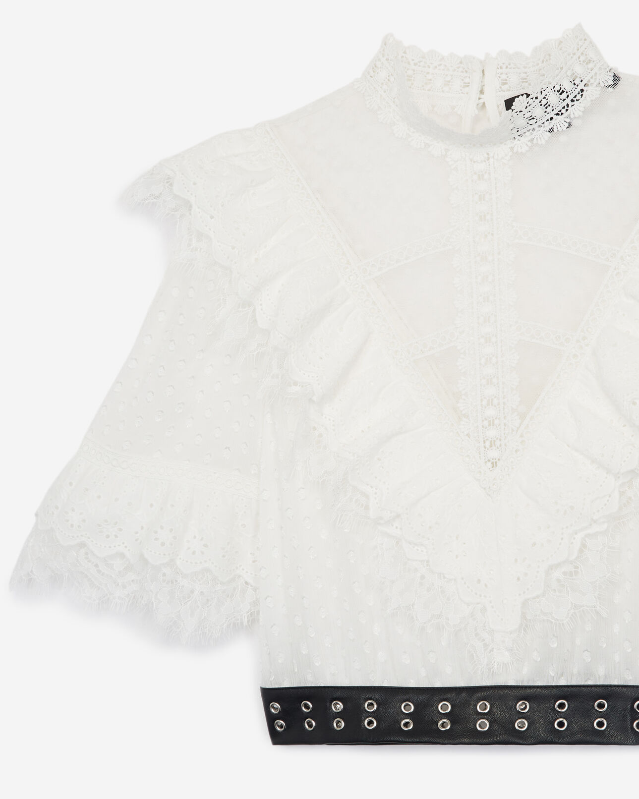 The Kooples MUJER ECRU top bordado blanco crudo cinturón efecto piel