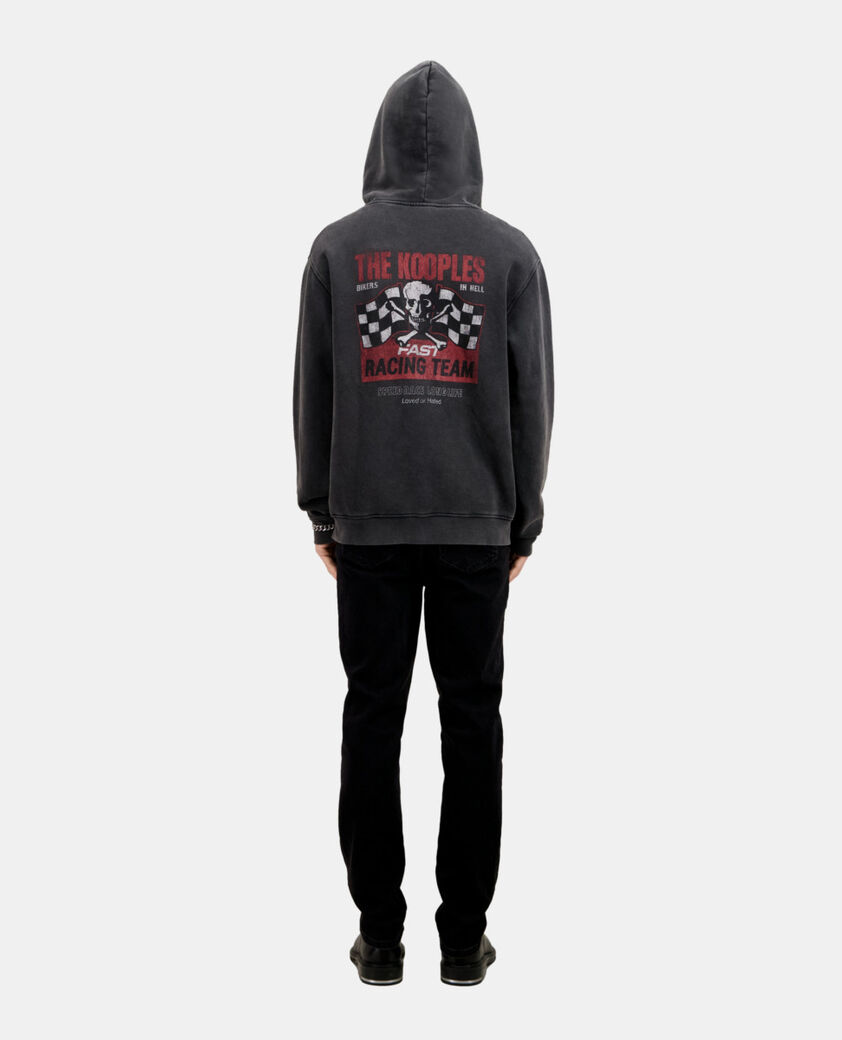 The Kooples HERREN BLACK WASHED herren schwarzes kapuzensweatshirt mit siebdruck