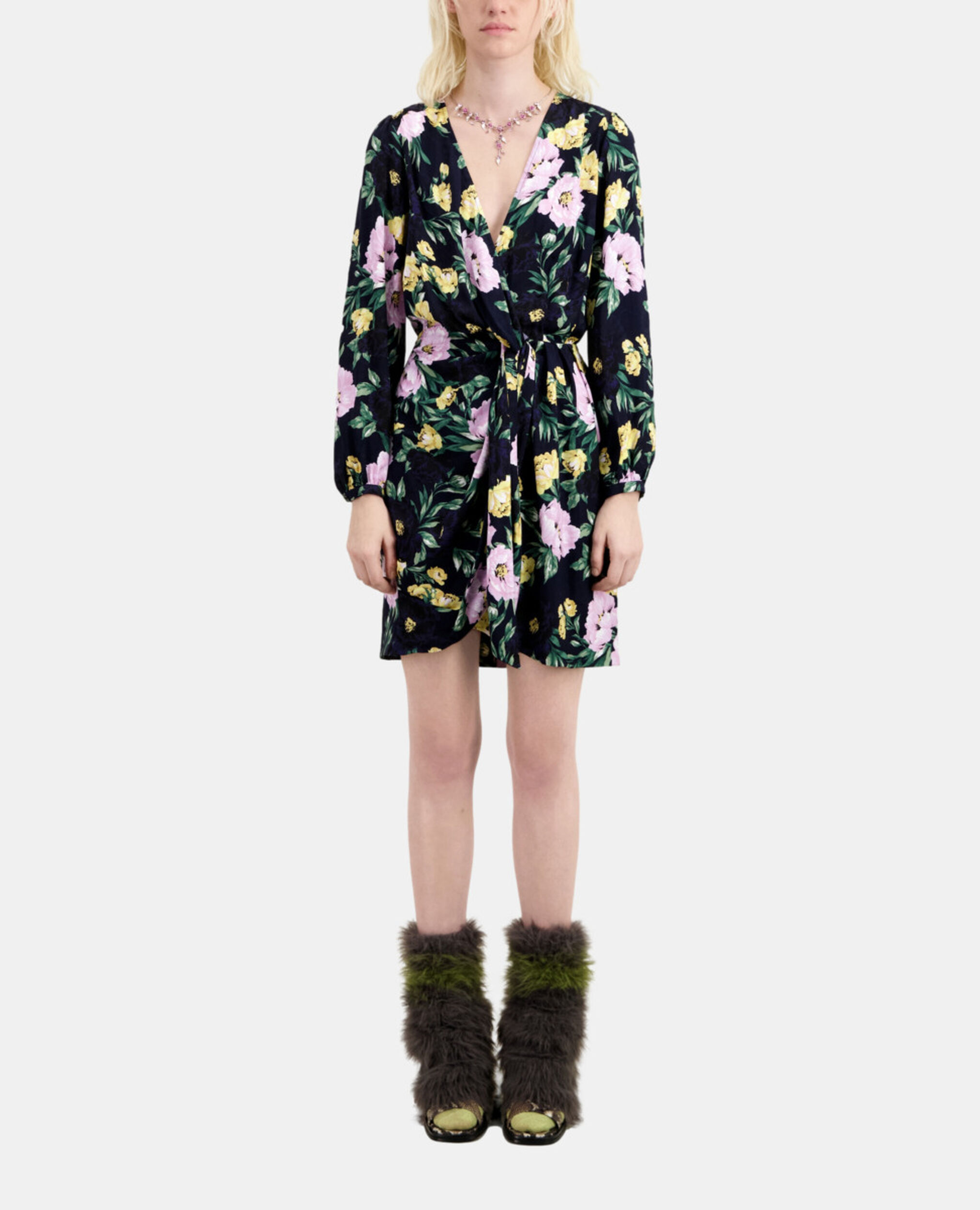Short printed dress with draping, LIGHT PINK / DARK NAVY, hi-res image number null