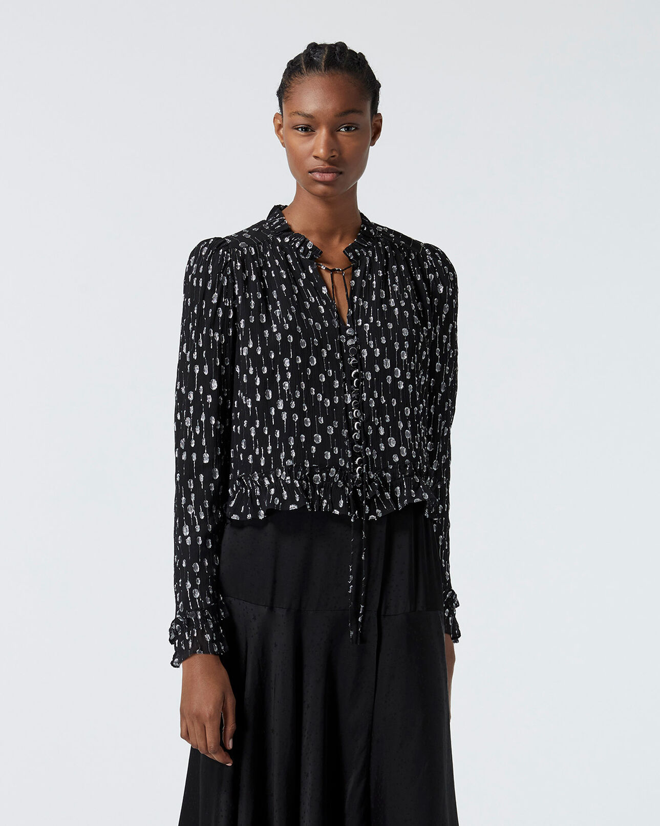 The Kooples FEMME BLACK / SILVER chemise habillée noire à pois argentés