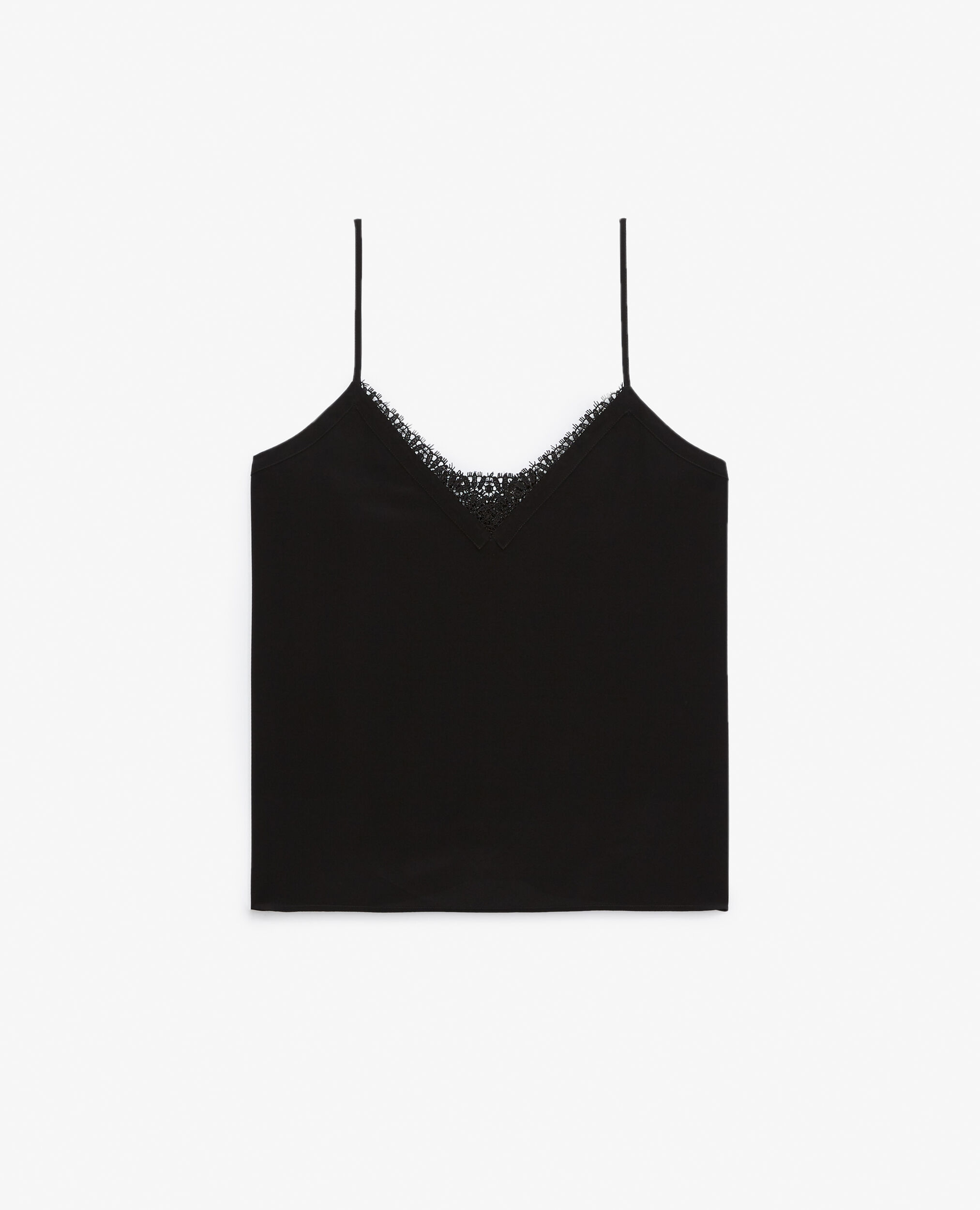 Camiseta interior negra seda cuello V encaje, BLACK, hi-res image number null