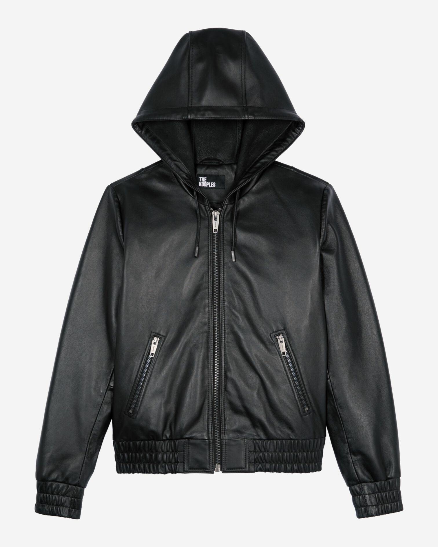 Black leather hooded jacket, BLACK, hi-res image number null