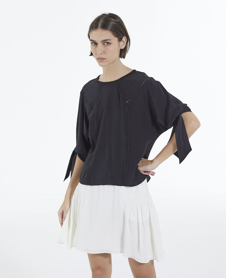 black silk top with three-quarter length sleeves