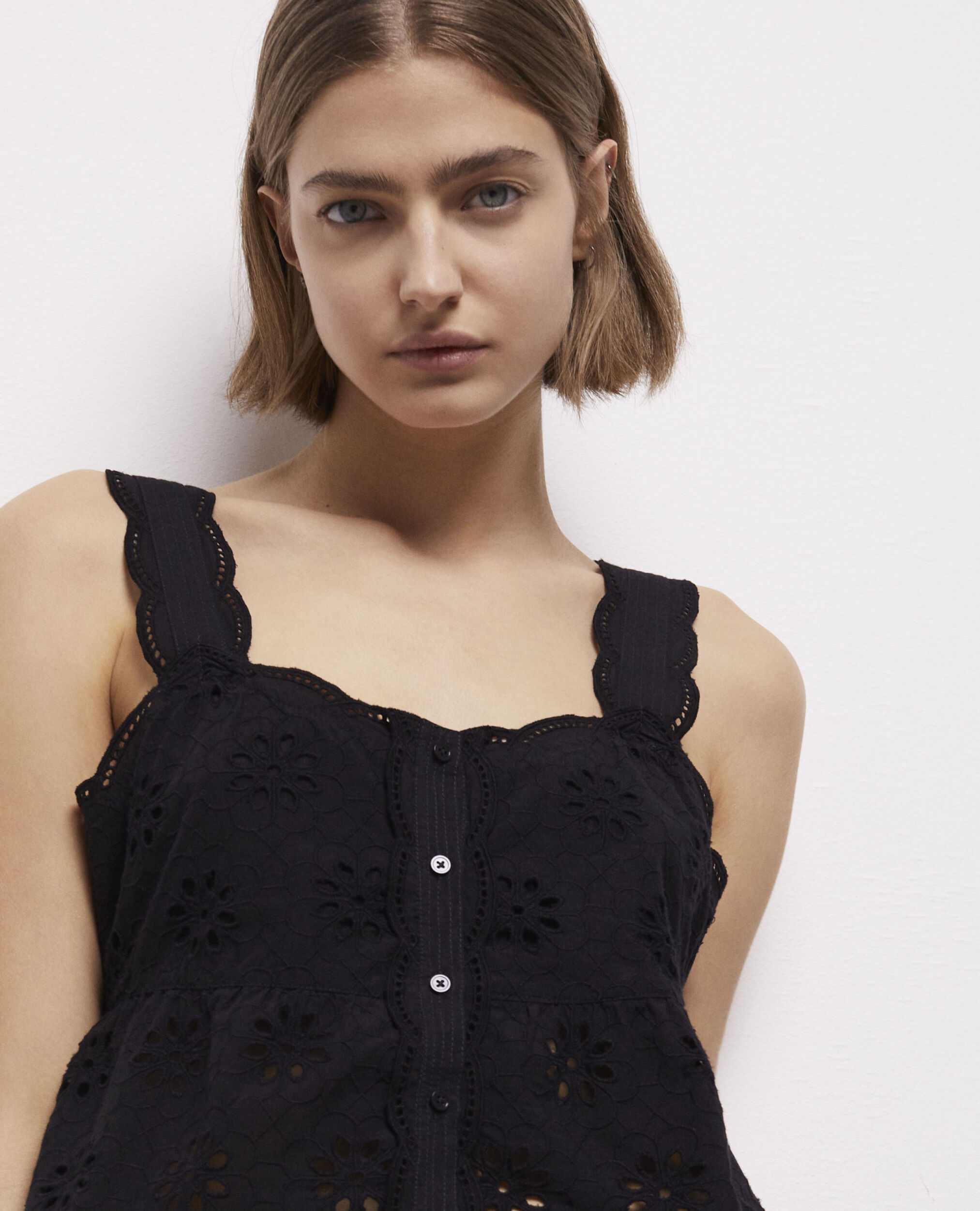 Short black top with Broderie Anglaise, BLACK, hi-res image number null