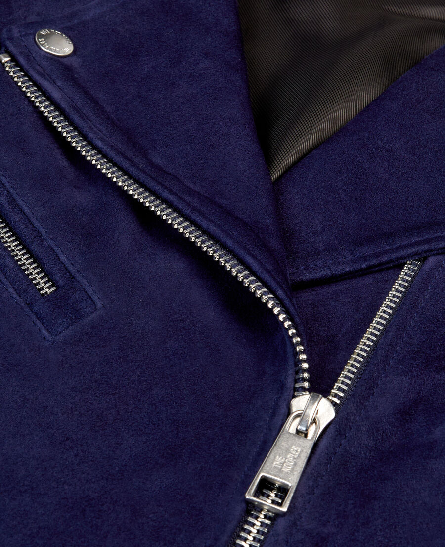 The Kooples DAMEN DARK BLUE marineblaue bikerjacke aus veloursleder