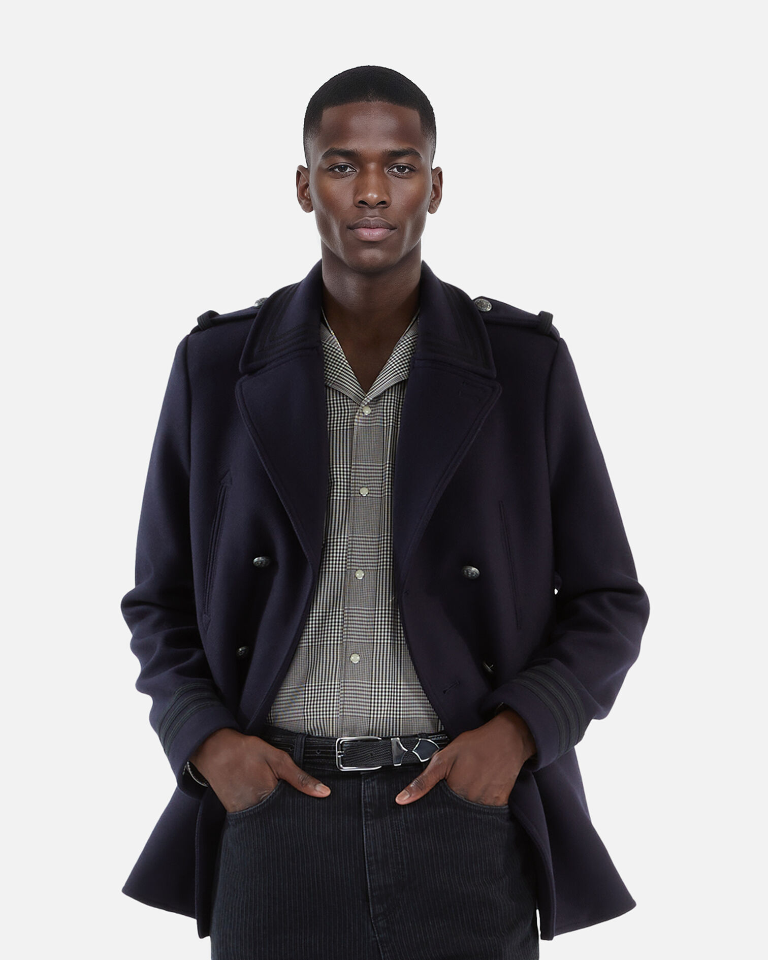 Navy blue officer-style pea coat, DARK NAVY, hi-res image number null