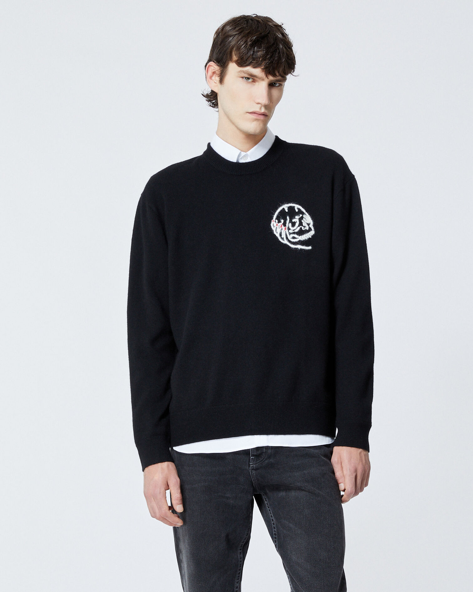 Black sweater in wool with skull embroidery, BLACK, hi-res image number null