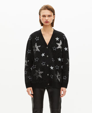 The Kooples F BLACK black sequin star pattern wool cardigan