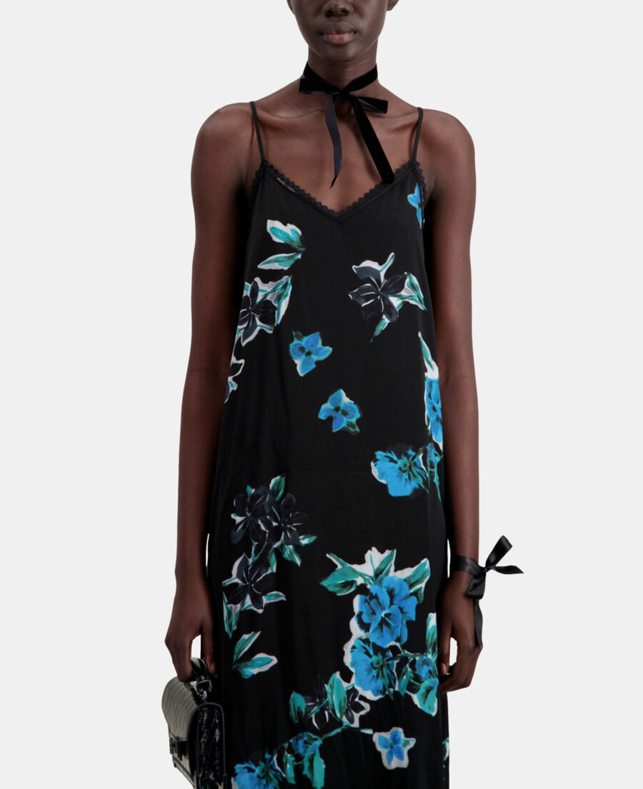 long printed slip dress with lace details
