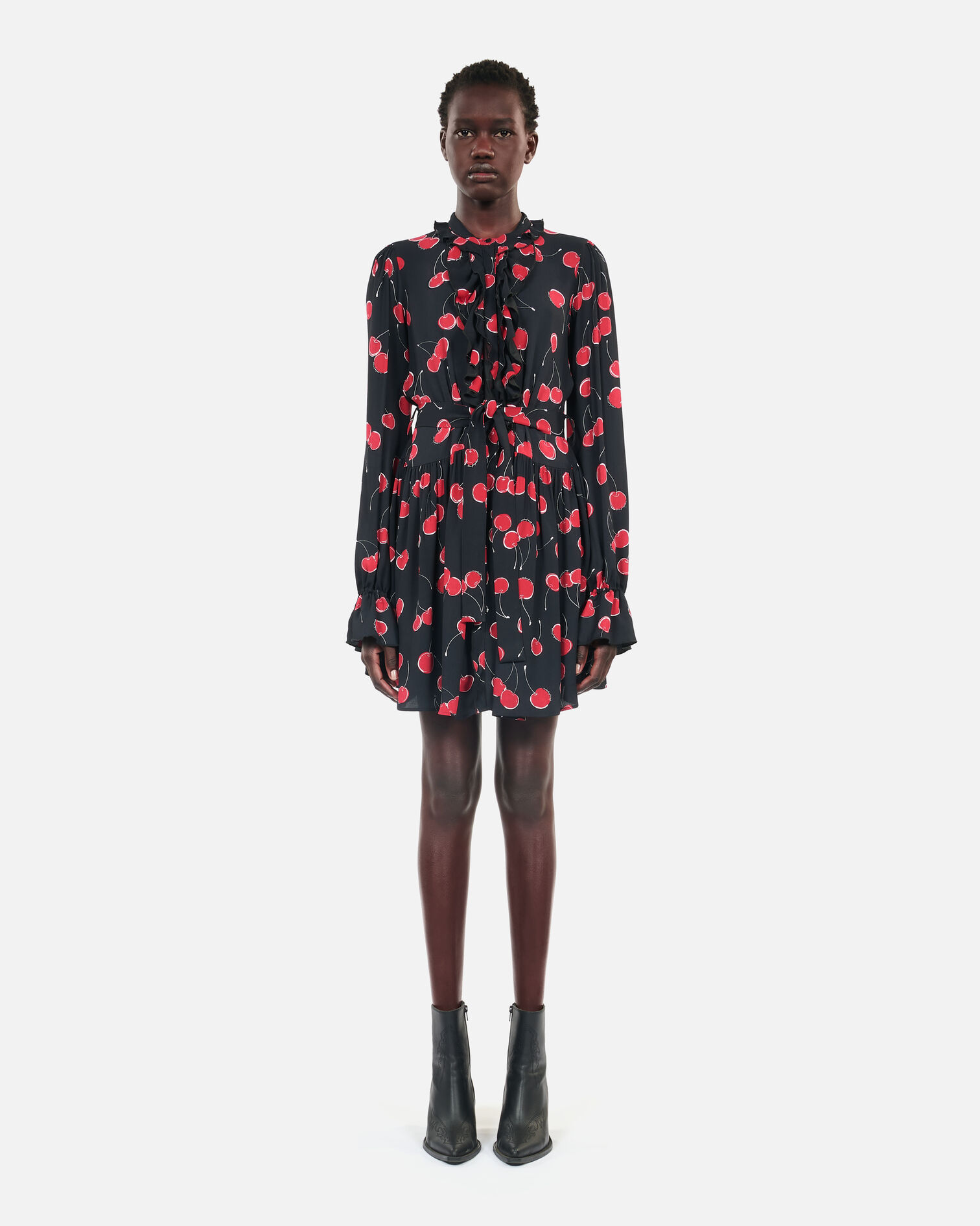 Short cherry printed dress, BLACK - RED, hi-res image number null