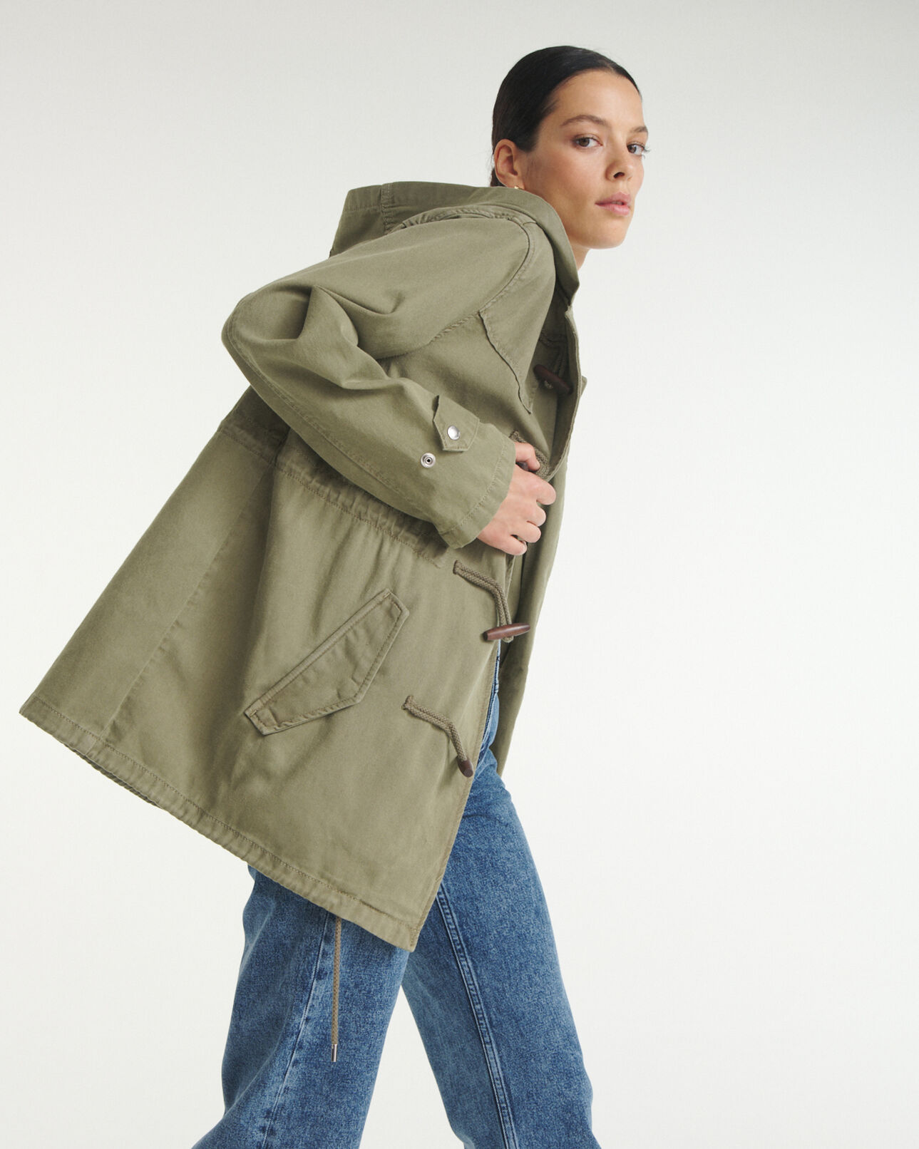 The Kooples WOMEN OLIVE khaki mid-length hooded denim parka