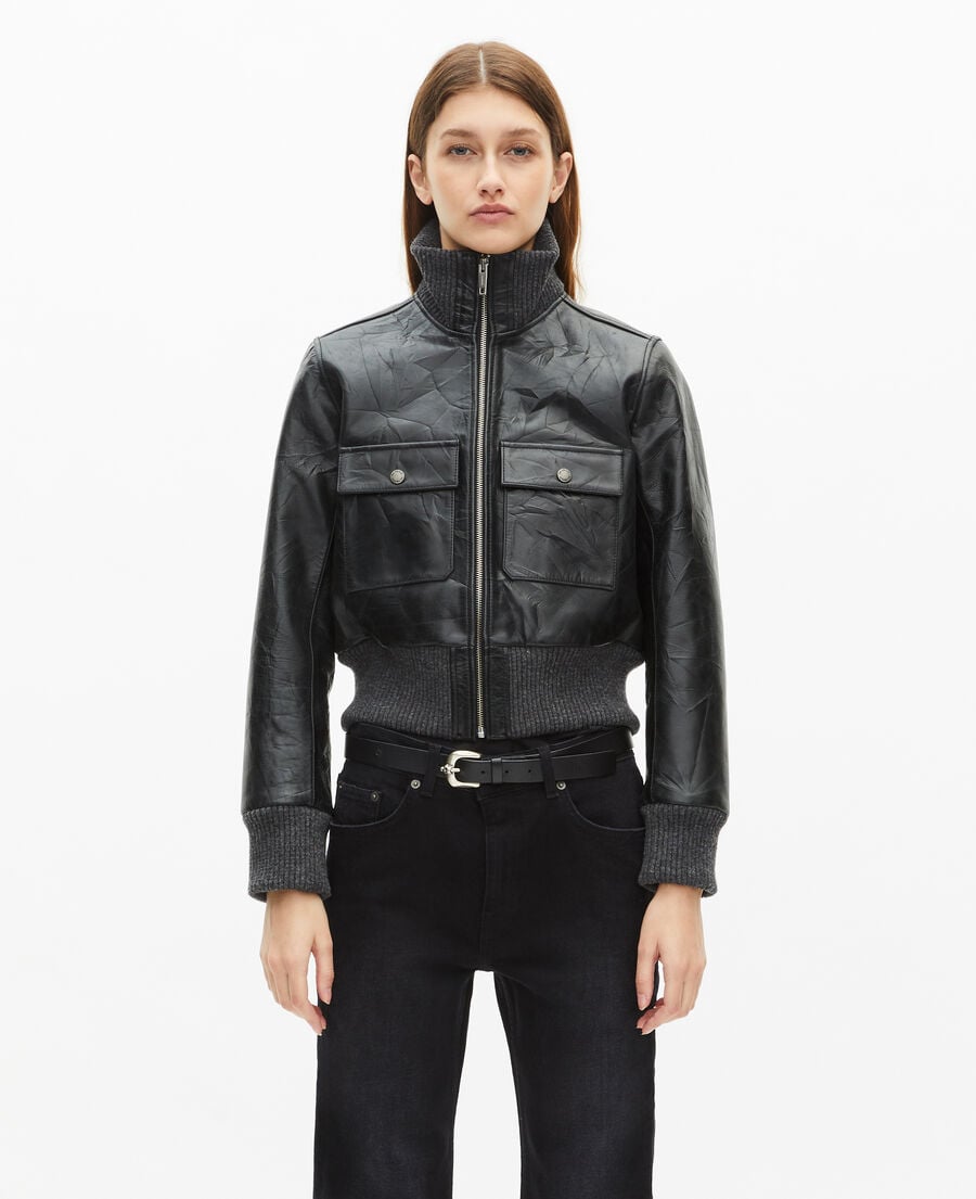 The Kooples WOMEN BLACK black distressed leather cropped jacket