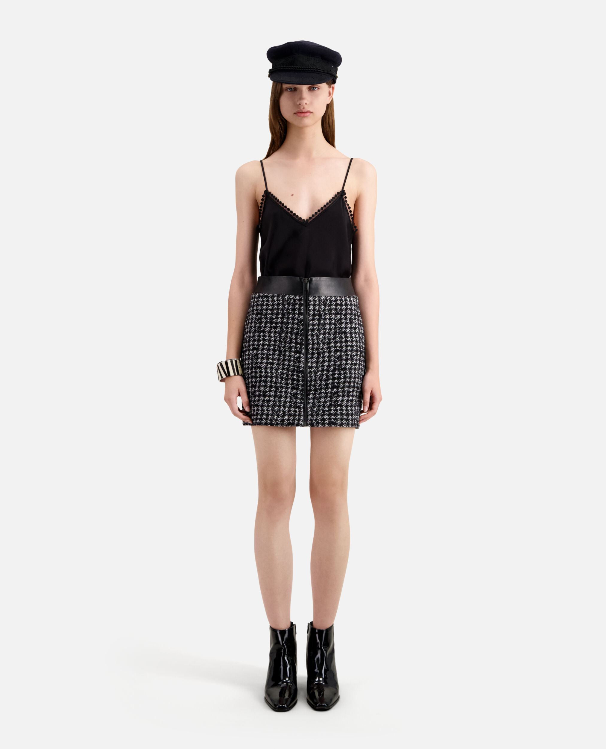 Short black tweed skirt, BLACK WHITE, hi-res image number null
