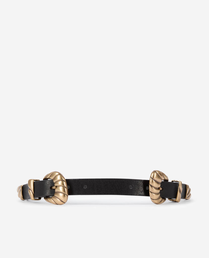 The Kooples WOMEN BLACK thin black leather double buckle belt