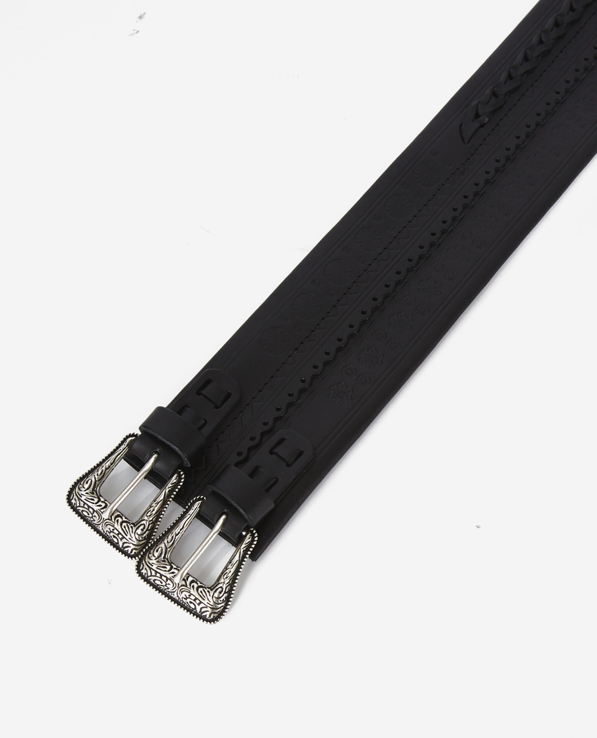 Wide black leather belt with double buckle, BLACK, hi-res image number null