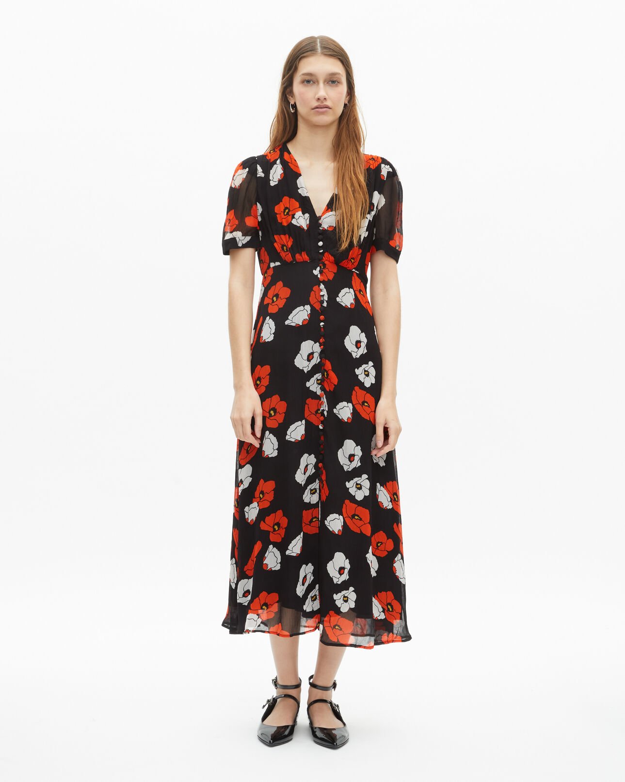 The Kooples FEMME BLACK RED OFF WHITE robe longue imprimé fleuri noire