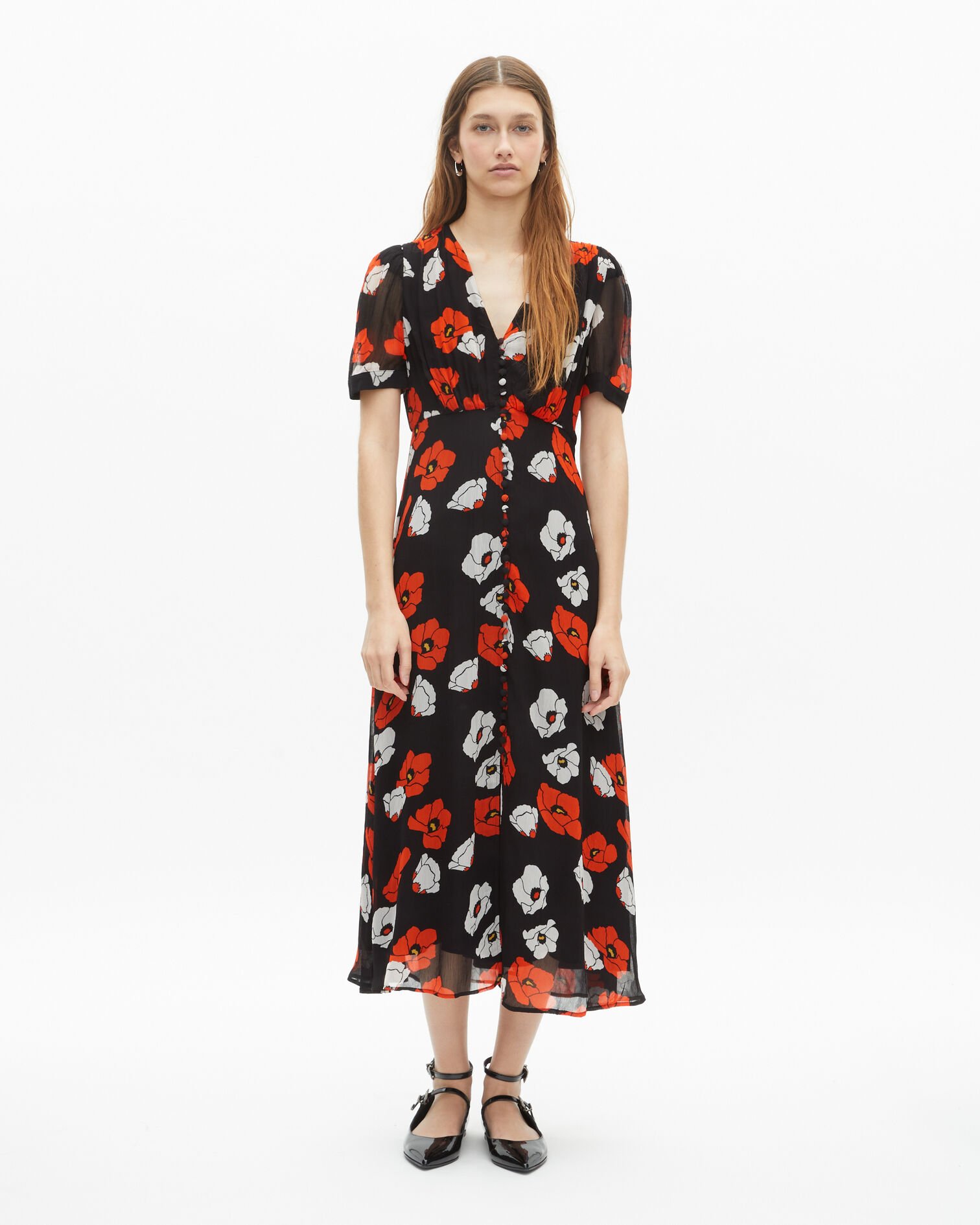 Robe longue imprimé fleuri noire, BLACK RED OFF WHITE, hi-res image number null