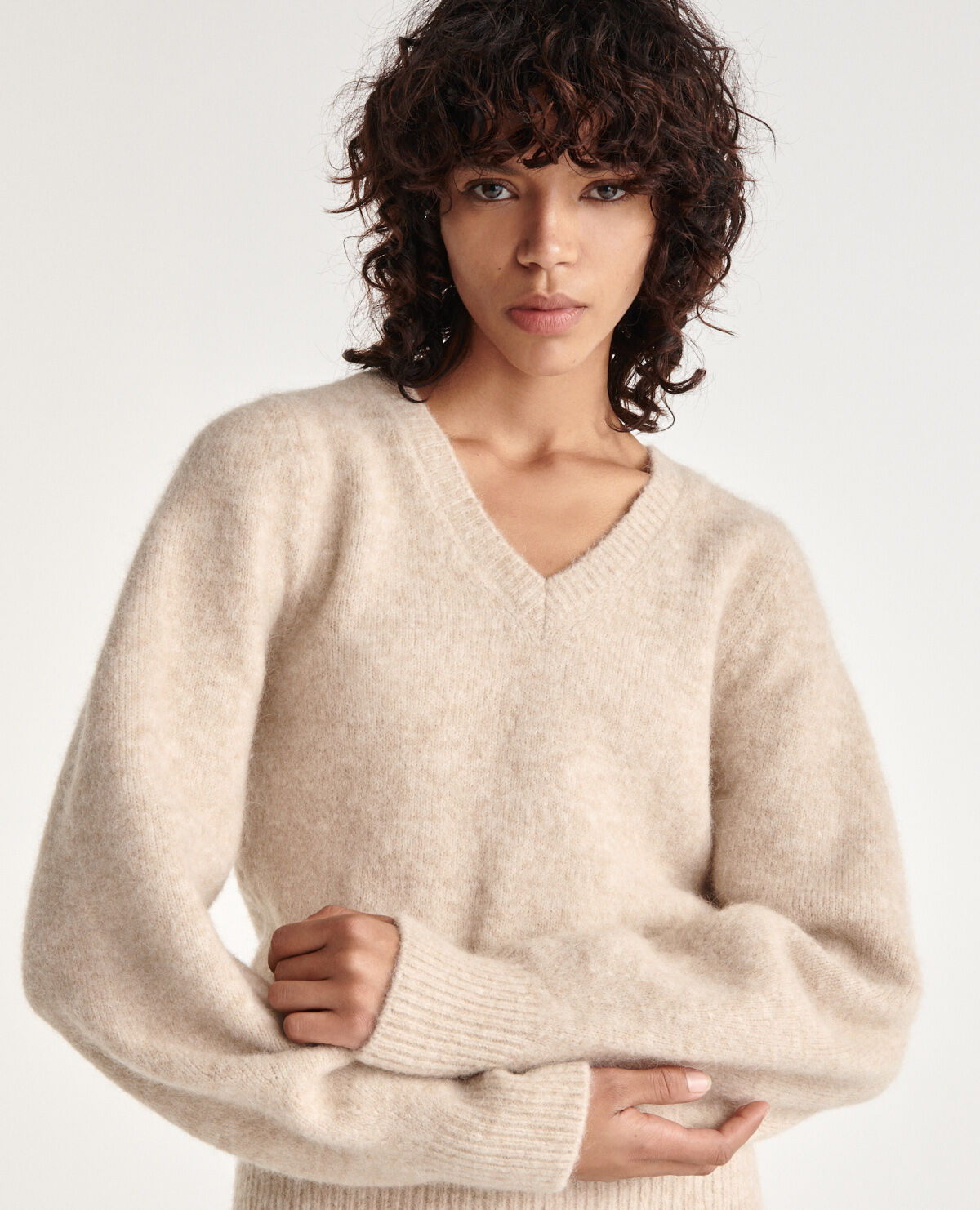 Beige v outlet neck jumper