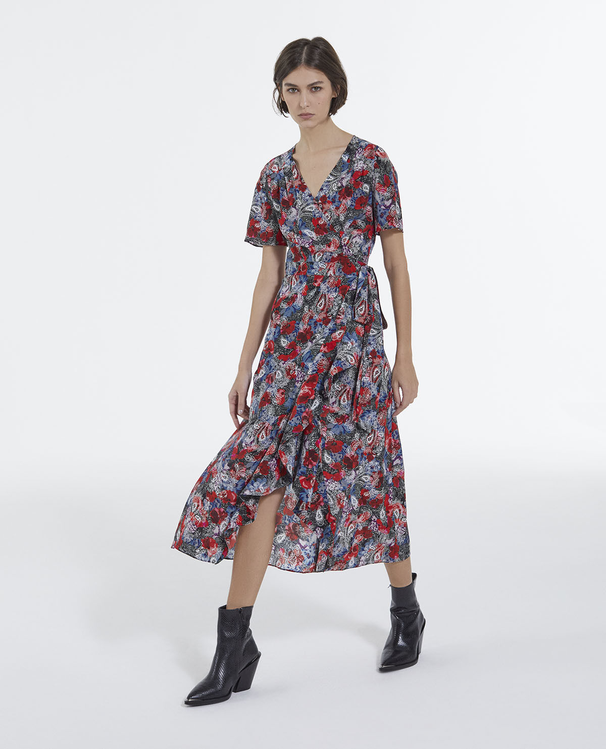 Red silk dress with floral print The Kooples Canada