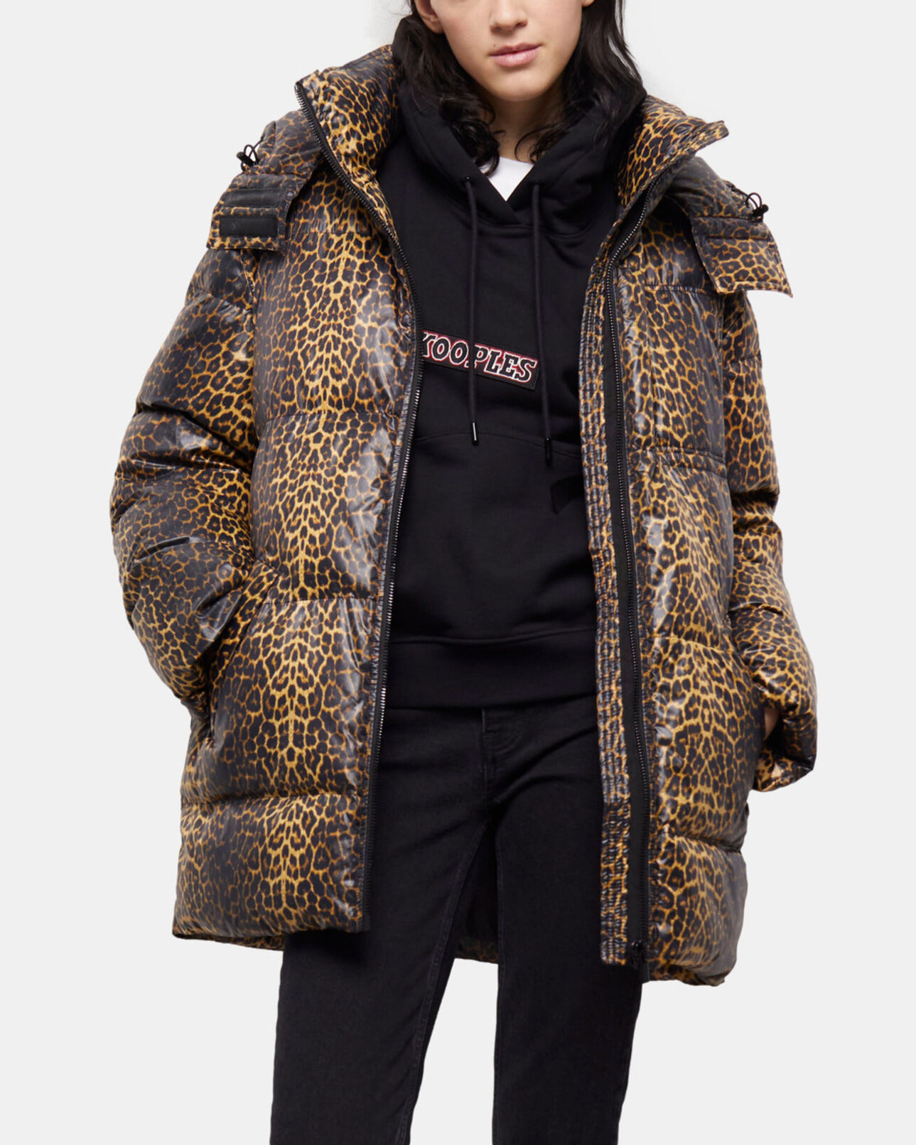 The Kooples WOMEN LEOPARD leopard print oversized down jacket with straps and logo