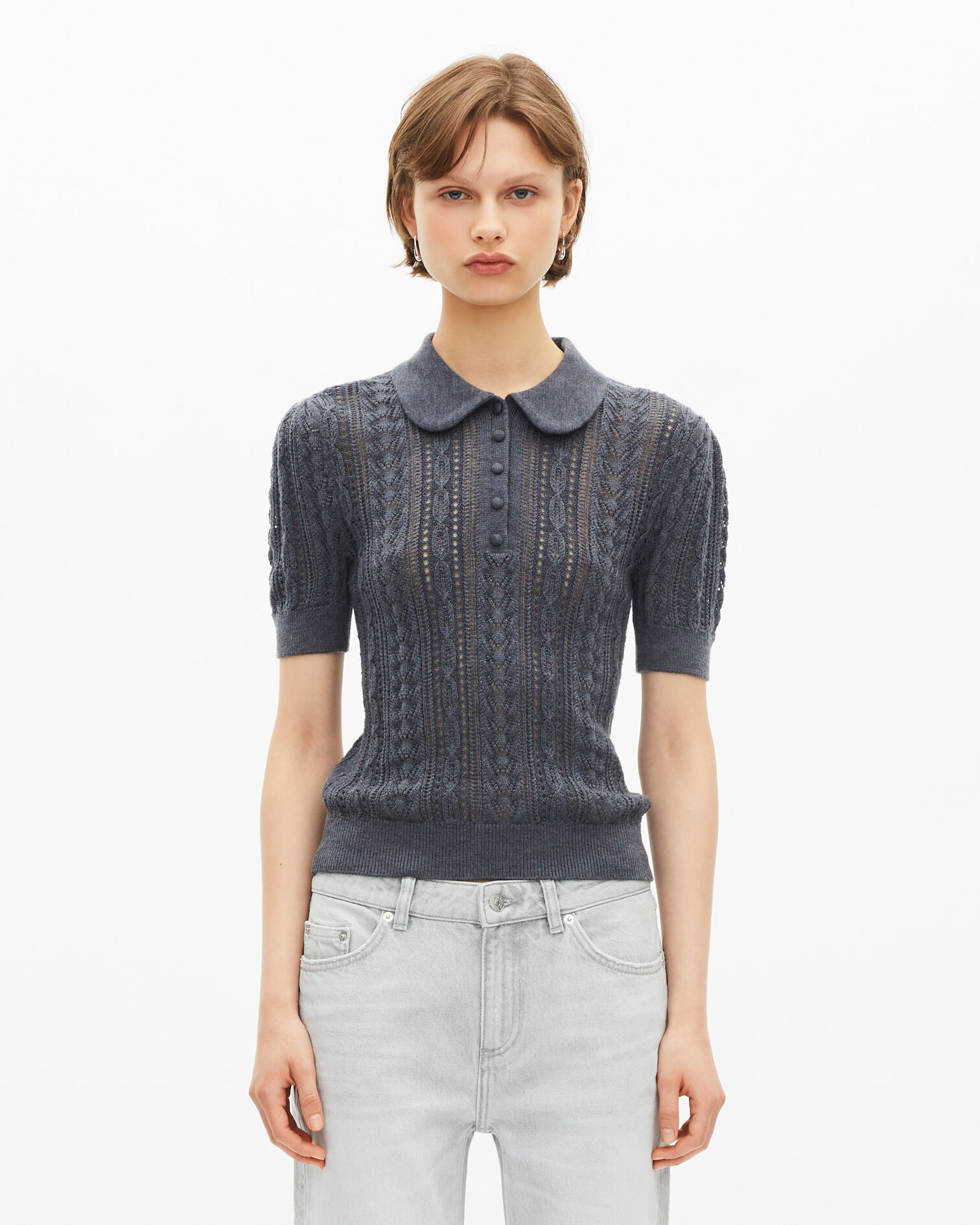 Grey merino wool short-sleeve sweater, ANTHRACITE, hi-res image number null