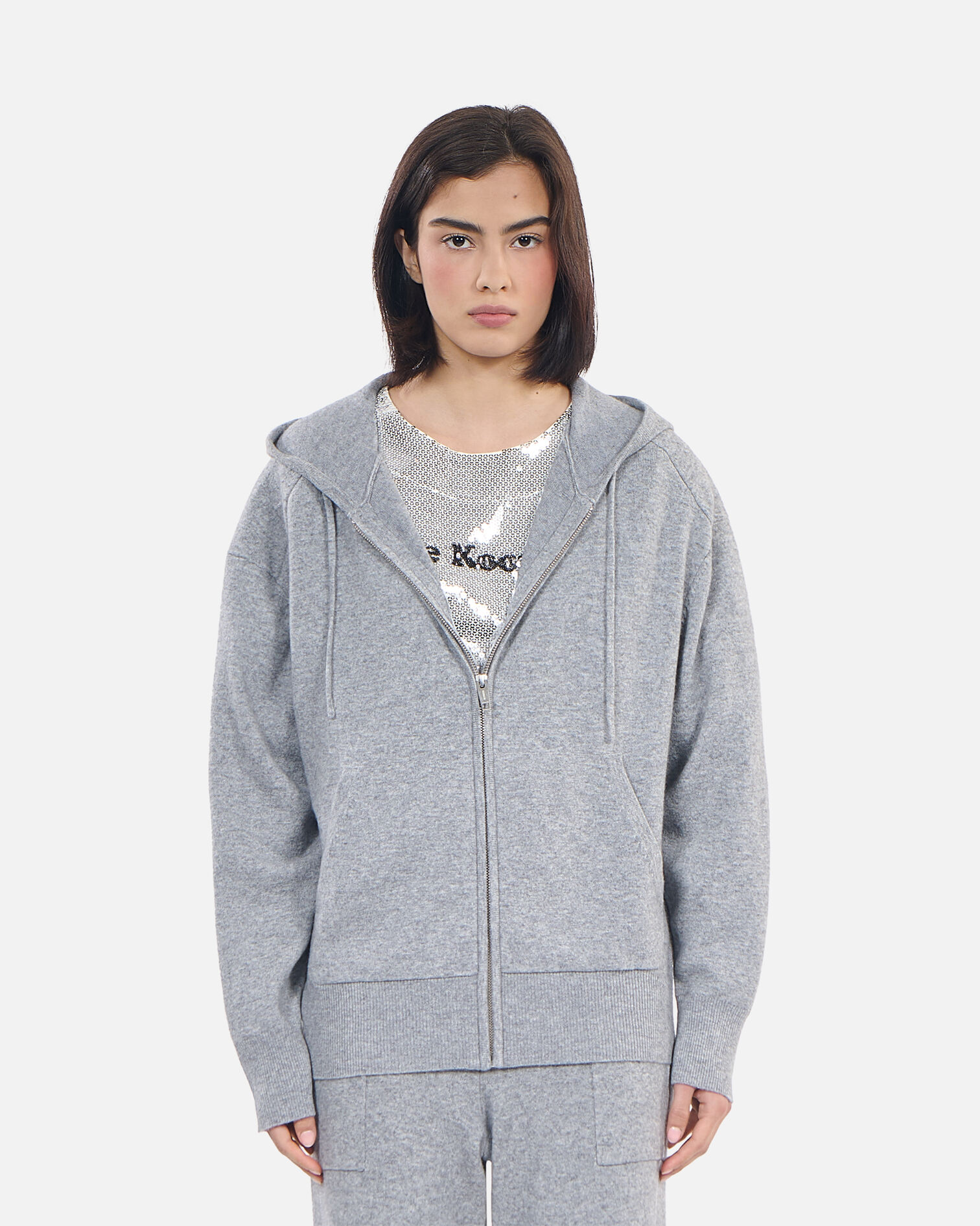 Grey wool and cashmere hoodie, MIDDLE GREY MEL, hi-res image number null